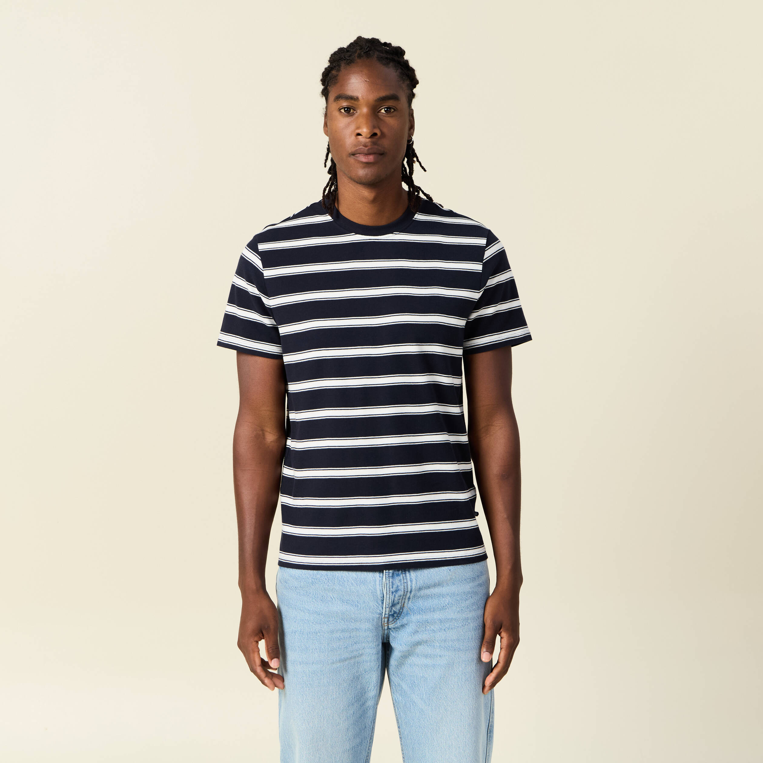 T-shirt ray&eacute; col rond manches courtes ecru homme