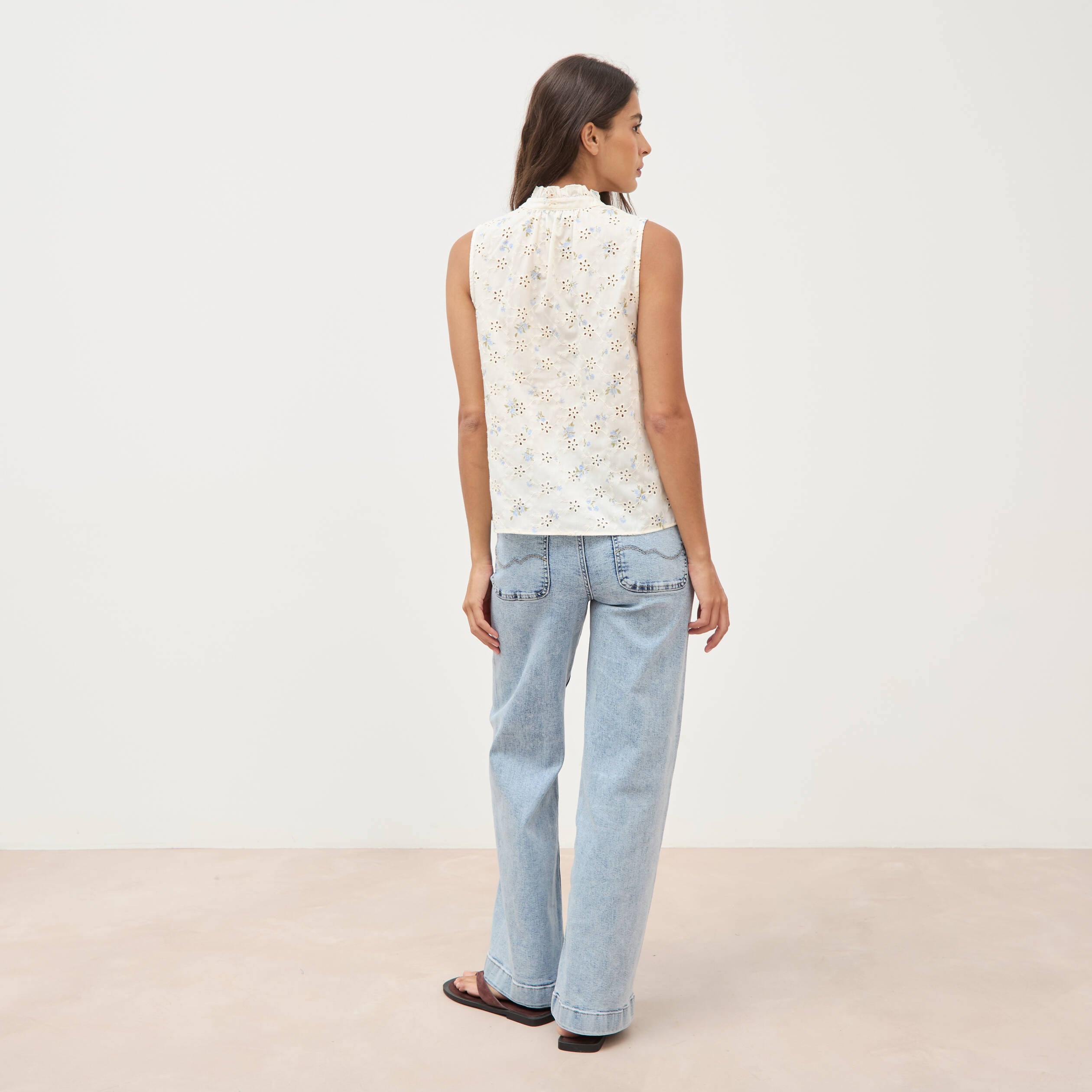 Blouse droite sans manches col montant bleu femme