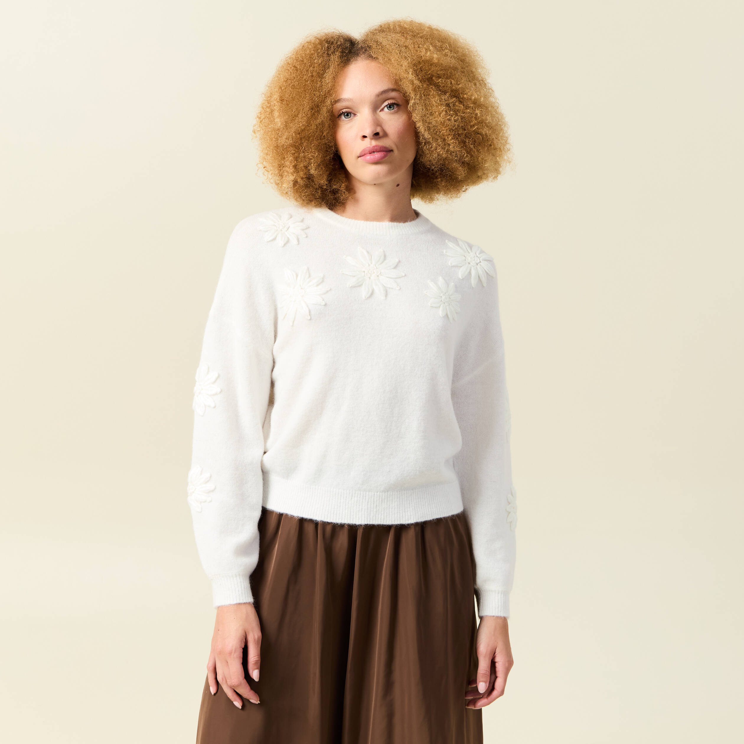 Pull manches longues col rond ecru femme