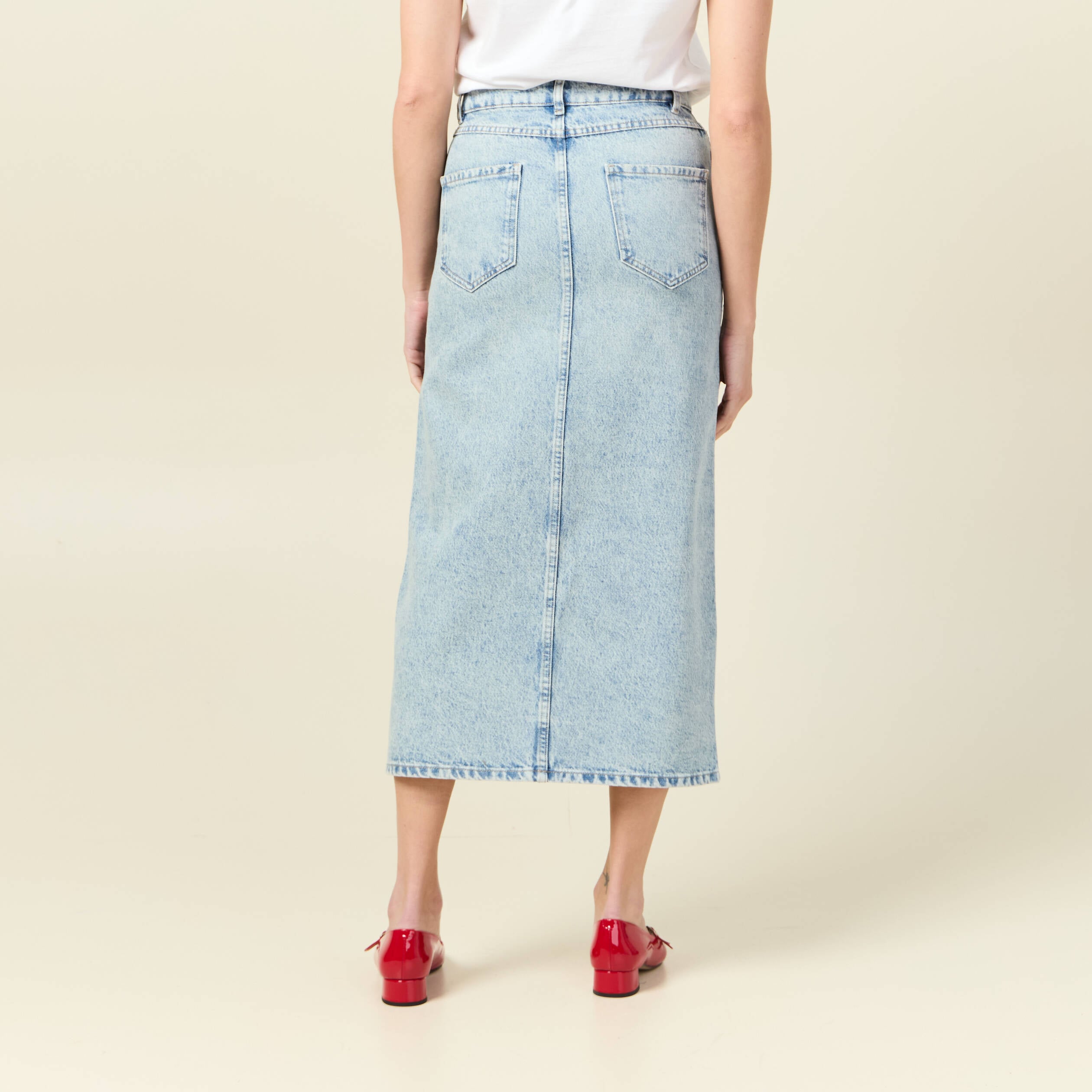 Jupe midi droite en jean denim bleach femme