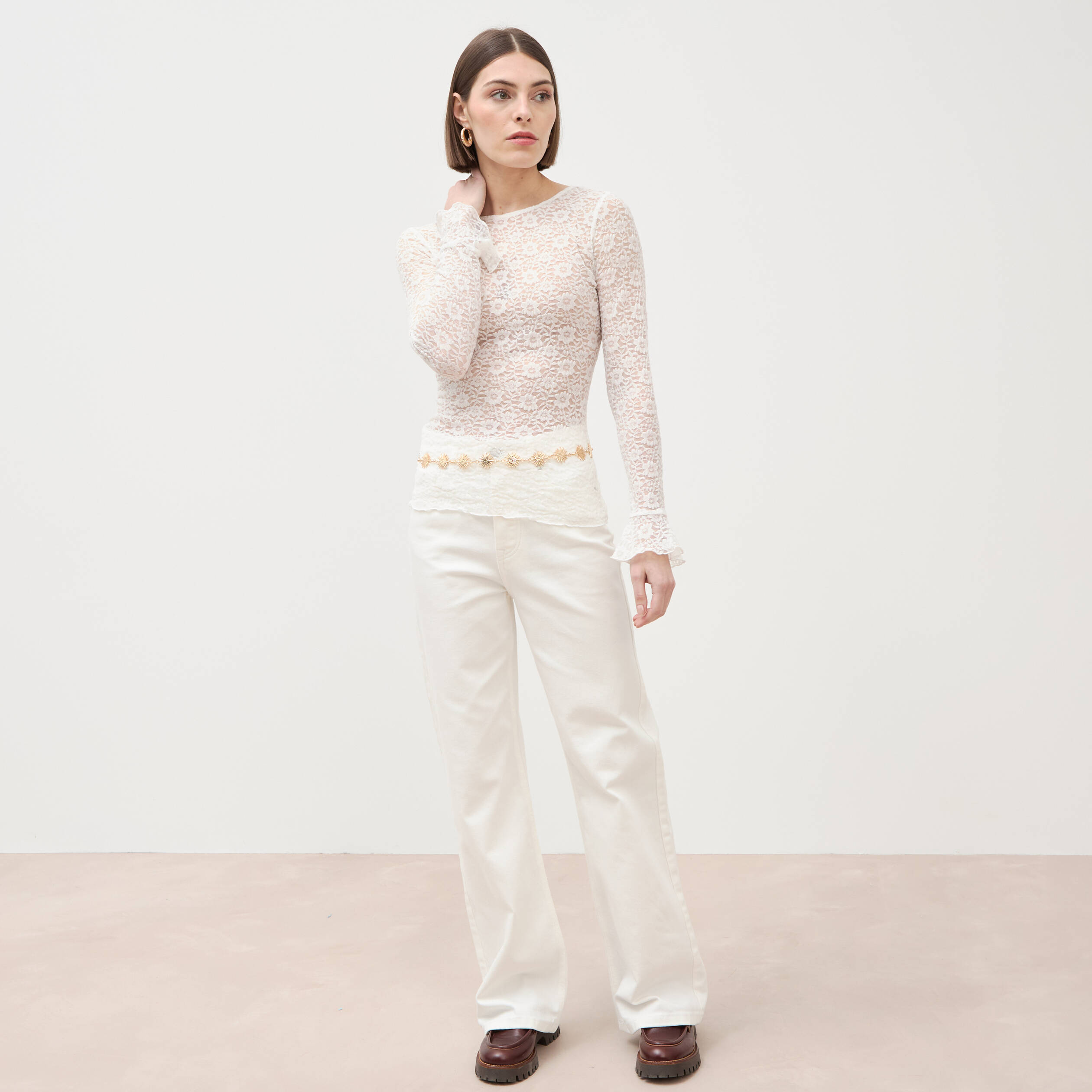 Jeans large taille haute denim blanc femme