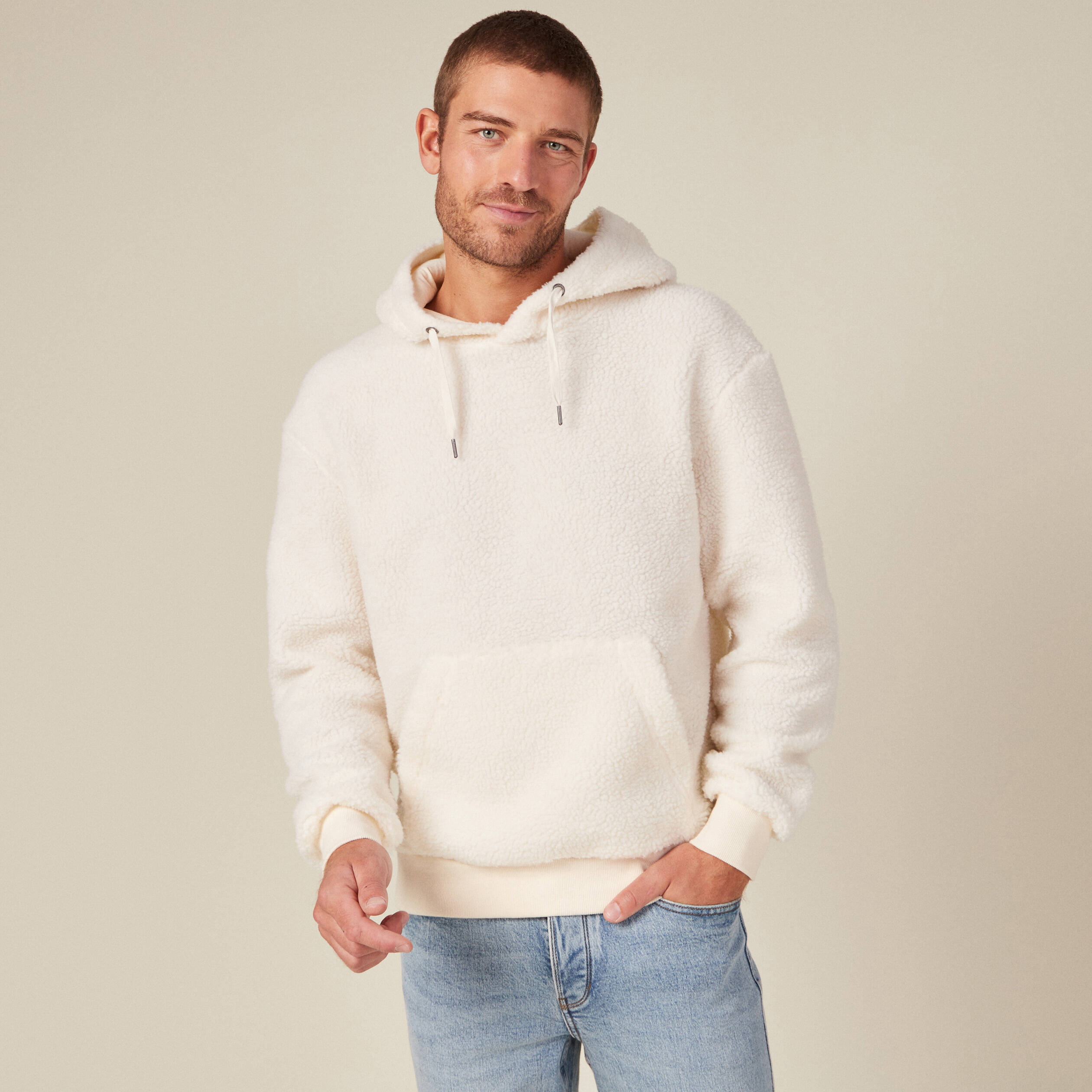 Sweat à capuche laine mouton ecru homme