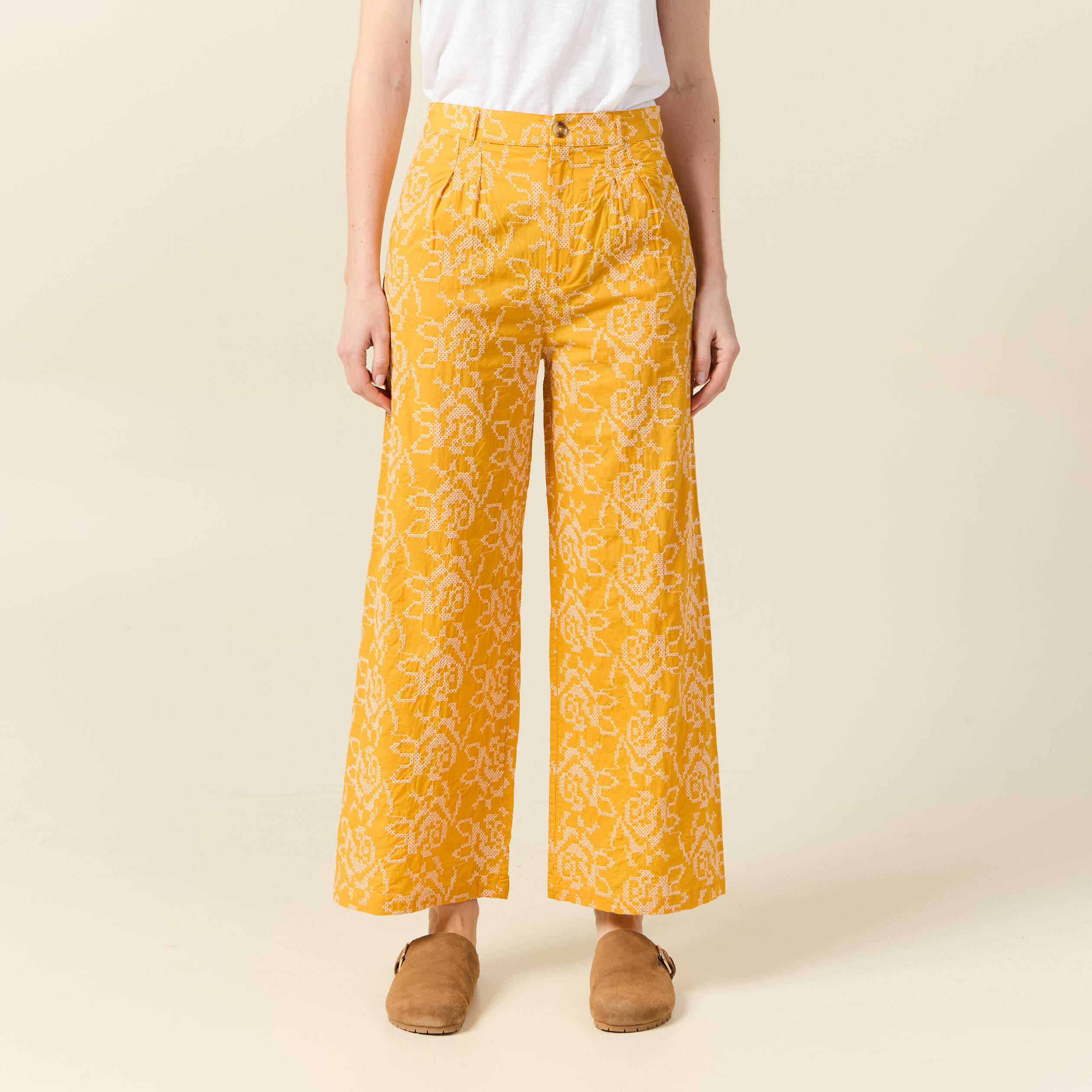 Pantalon large brod&eacute; jaune femme