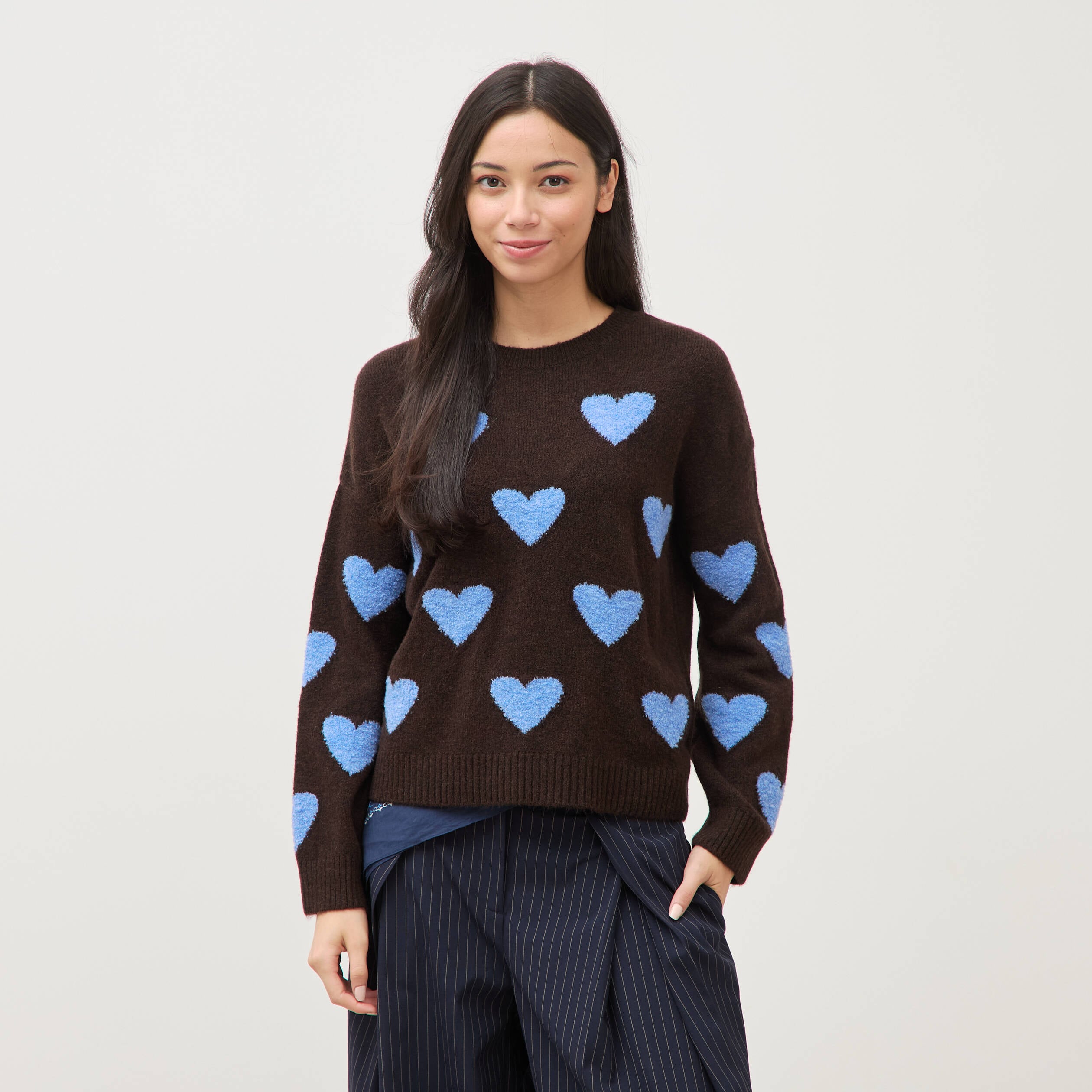 Pull manches longues bouclette col rond marron femme
