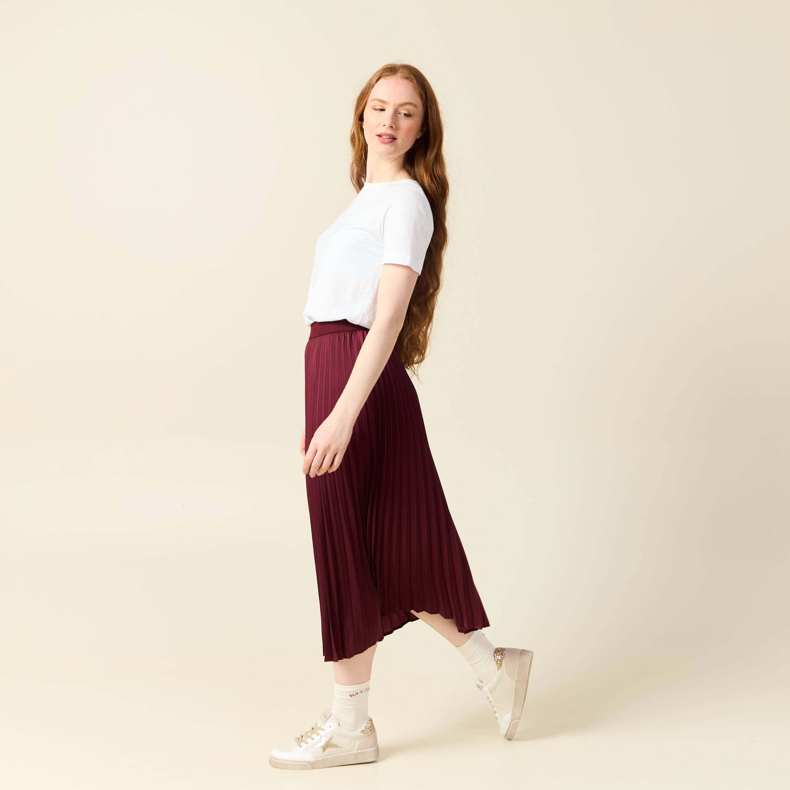 jupe longue droite plissee bordeaux femme Jupe longue droite plissée bordeaux femme