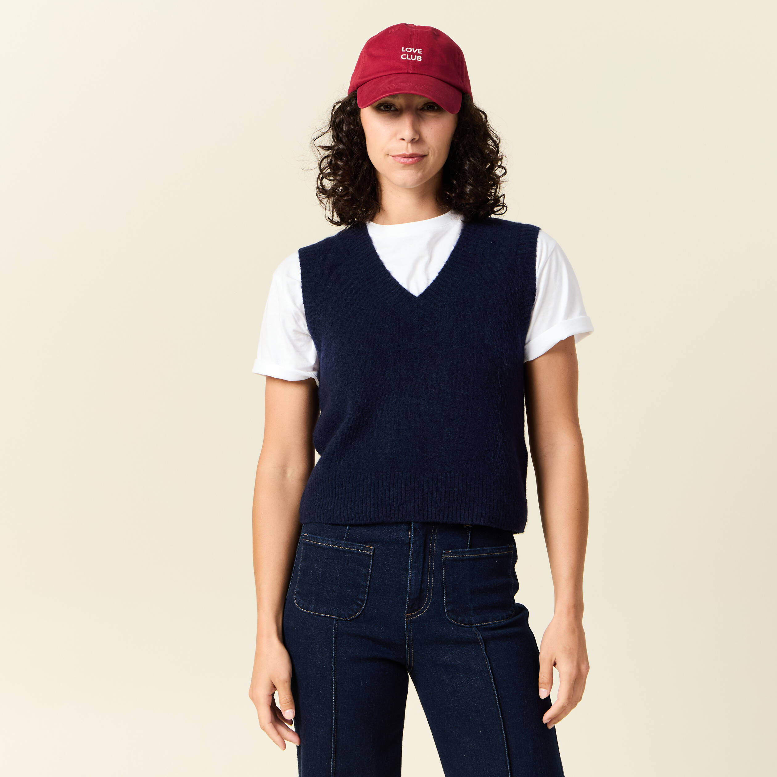 pull sans manches col en v bleu marine femme Pull sans manches col en V bleu marine femme