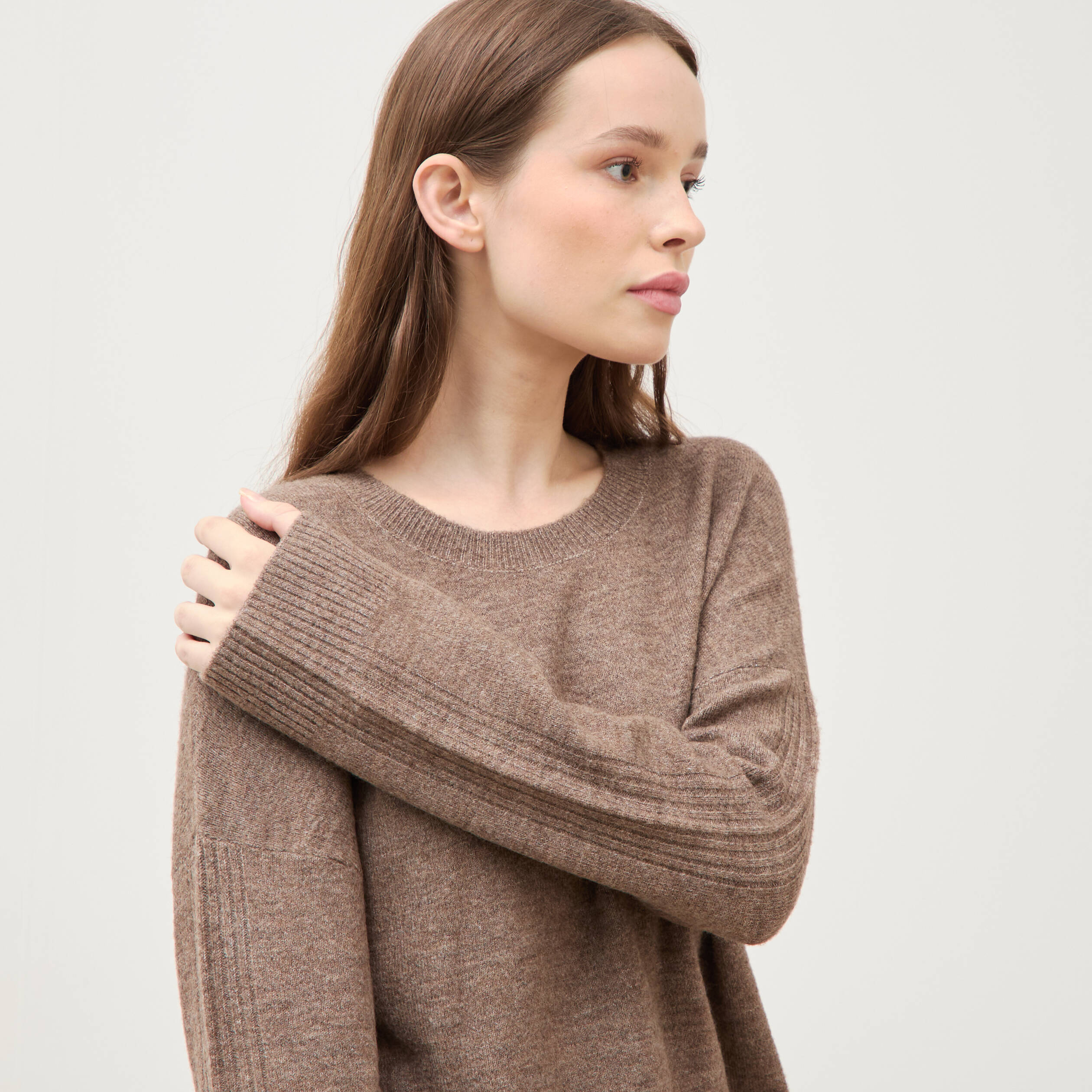 Pull col rond manches longues marron femme