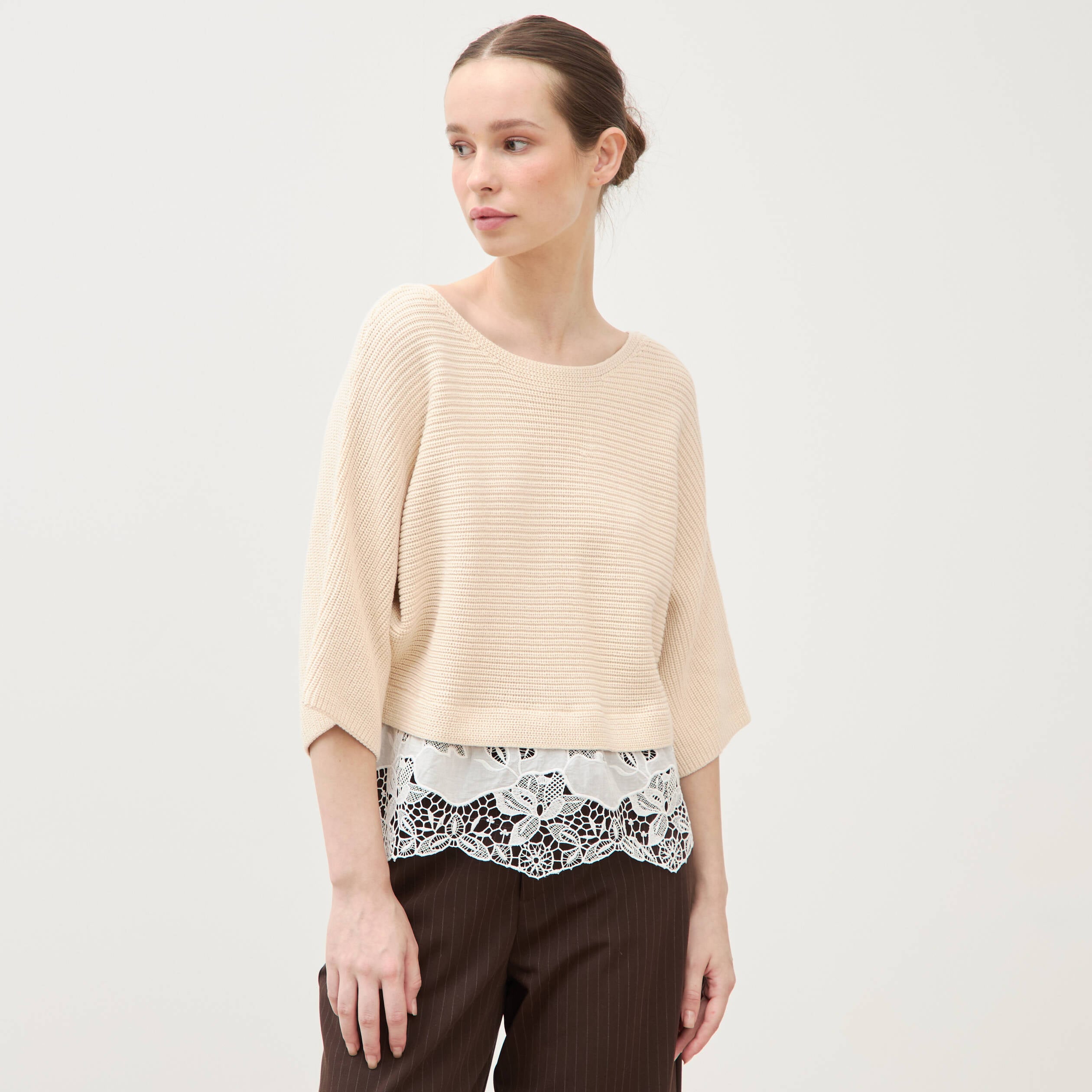 Pull col bateau manches courtes ivoire femme