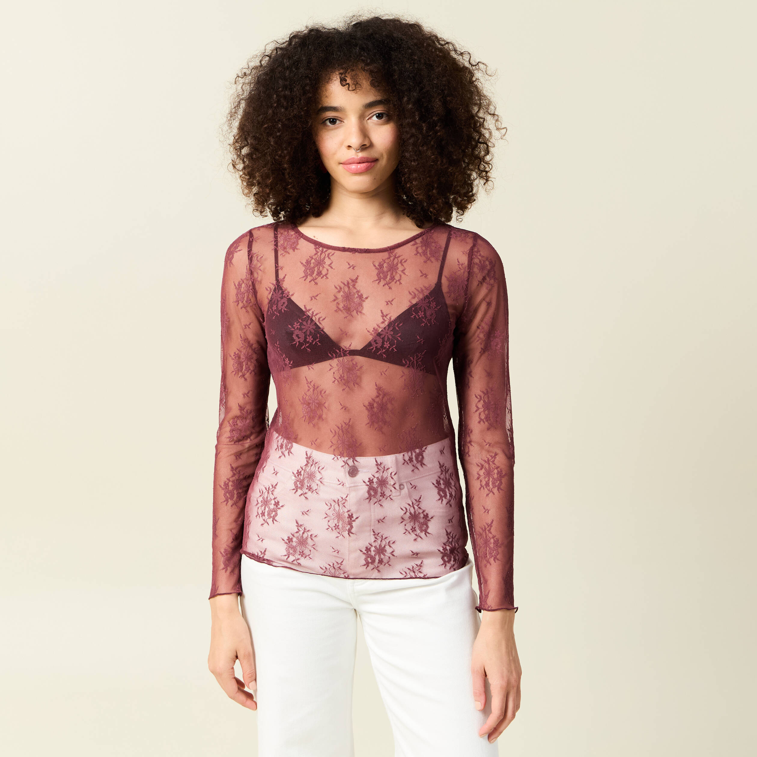 T-shirt ajust&eacute; manches longues col rond bordeaux femme