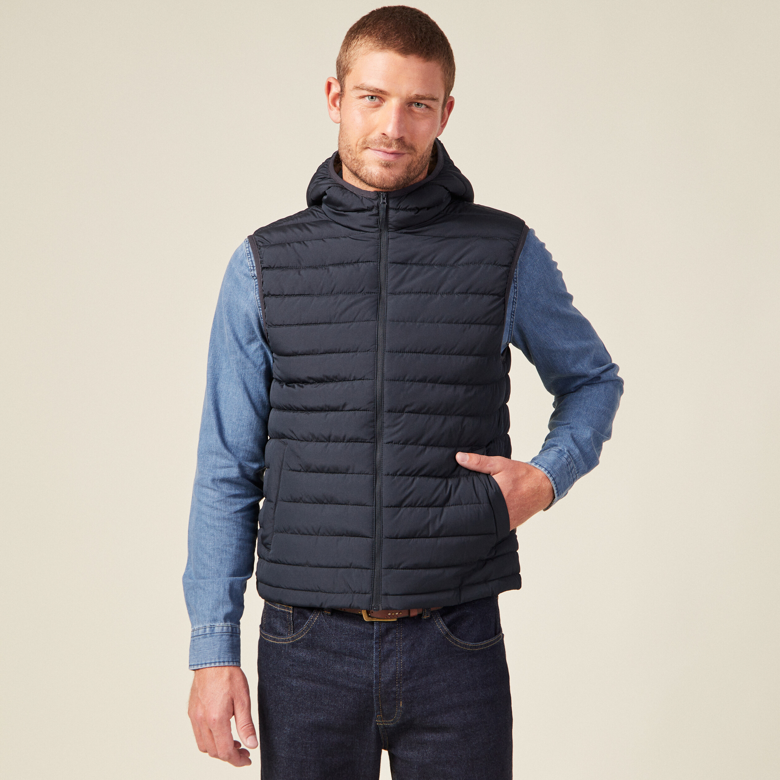 Doudoune droite à capuche bleu marine homme