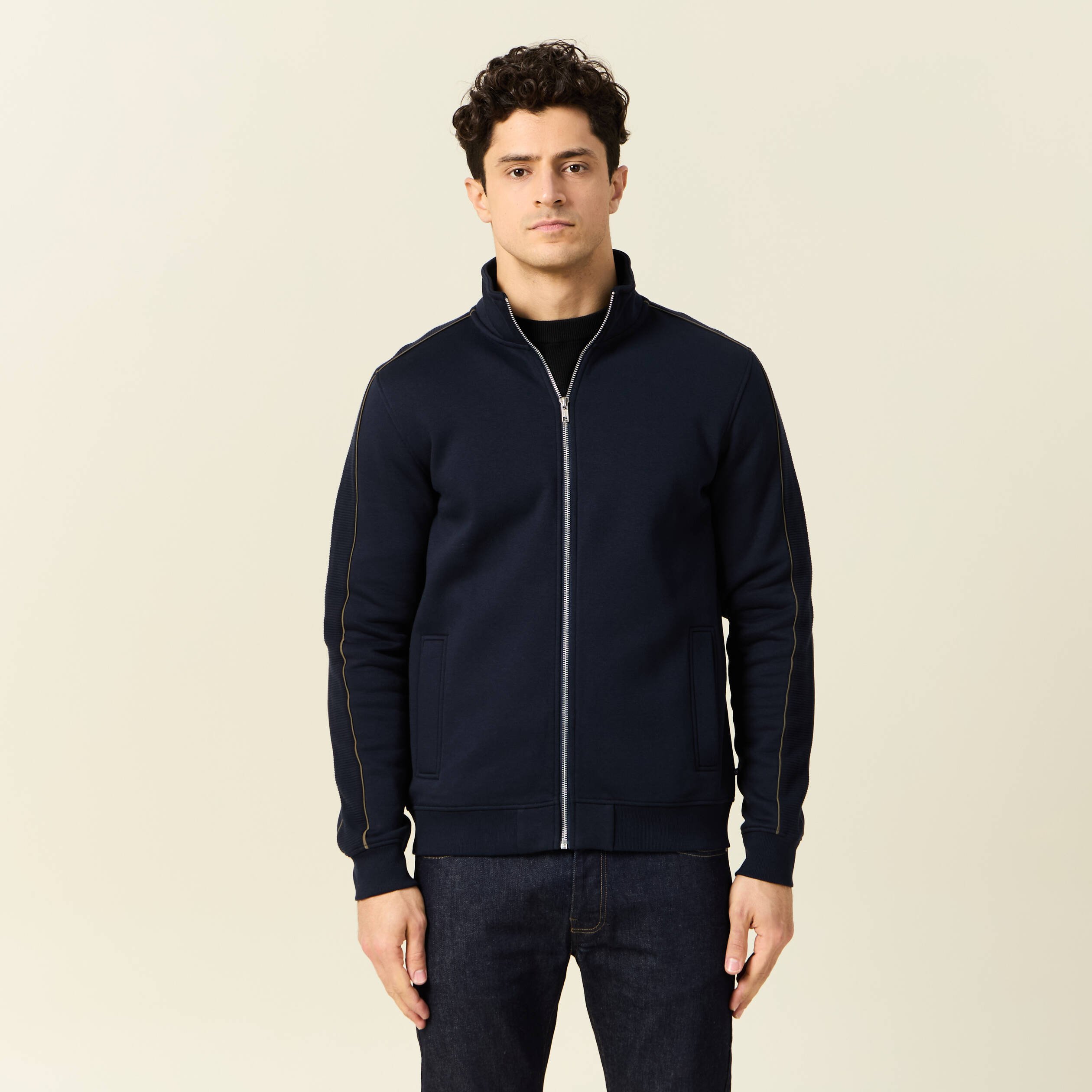 gilet manches longues zippe bleu marine homme Gilet manches longues zippé bleu marine homme
