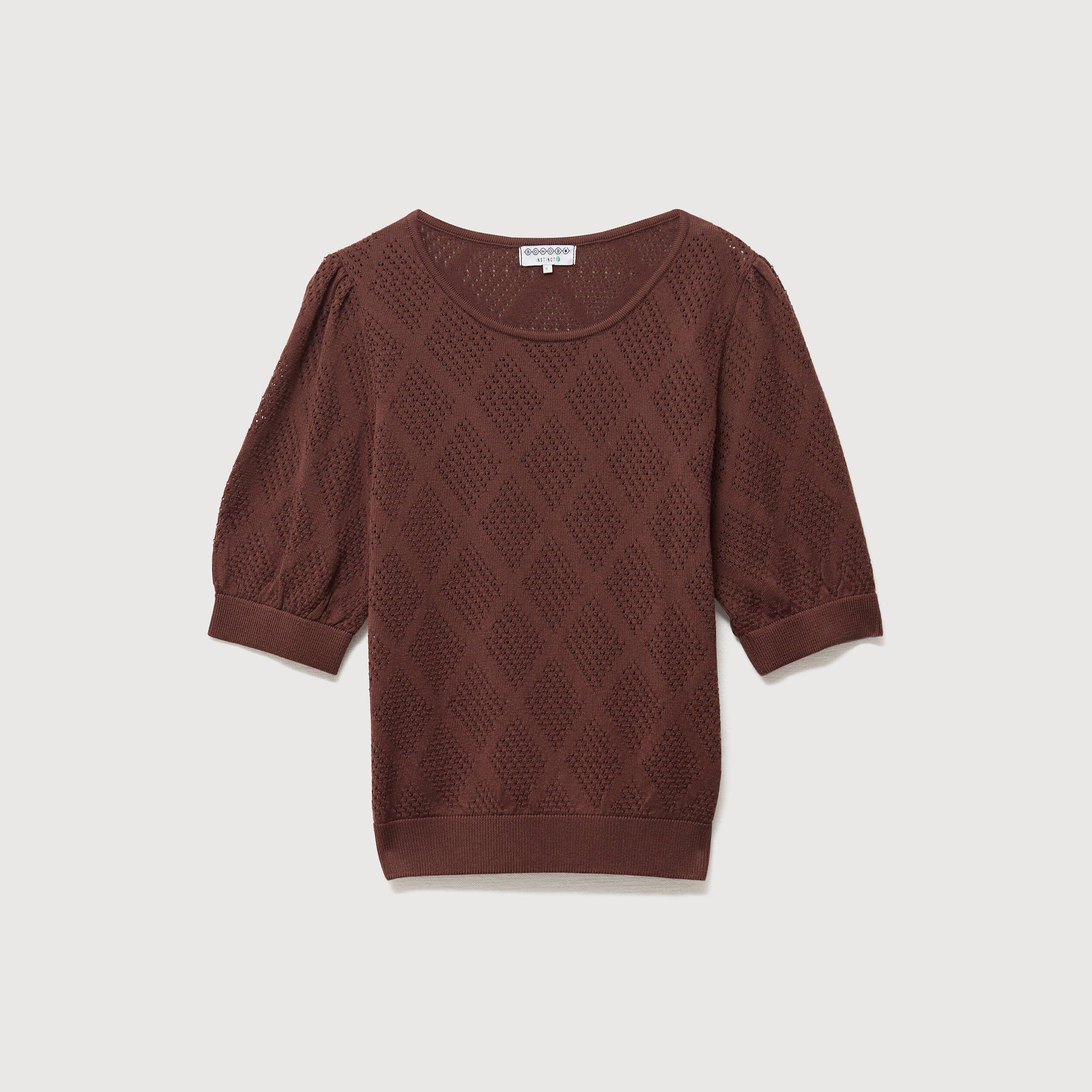 Pull ajour&eacute; droit court manches courtes marron fonc&eacute; femme