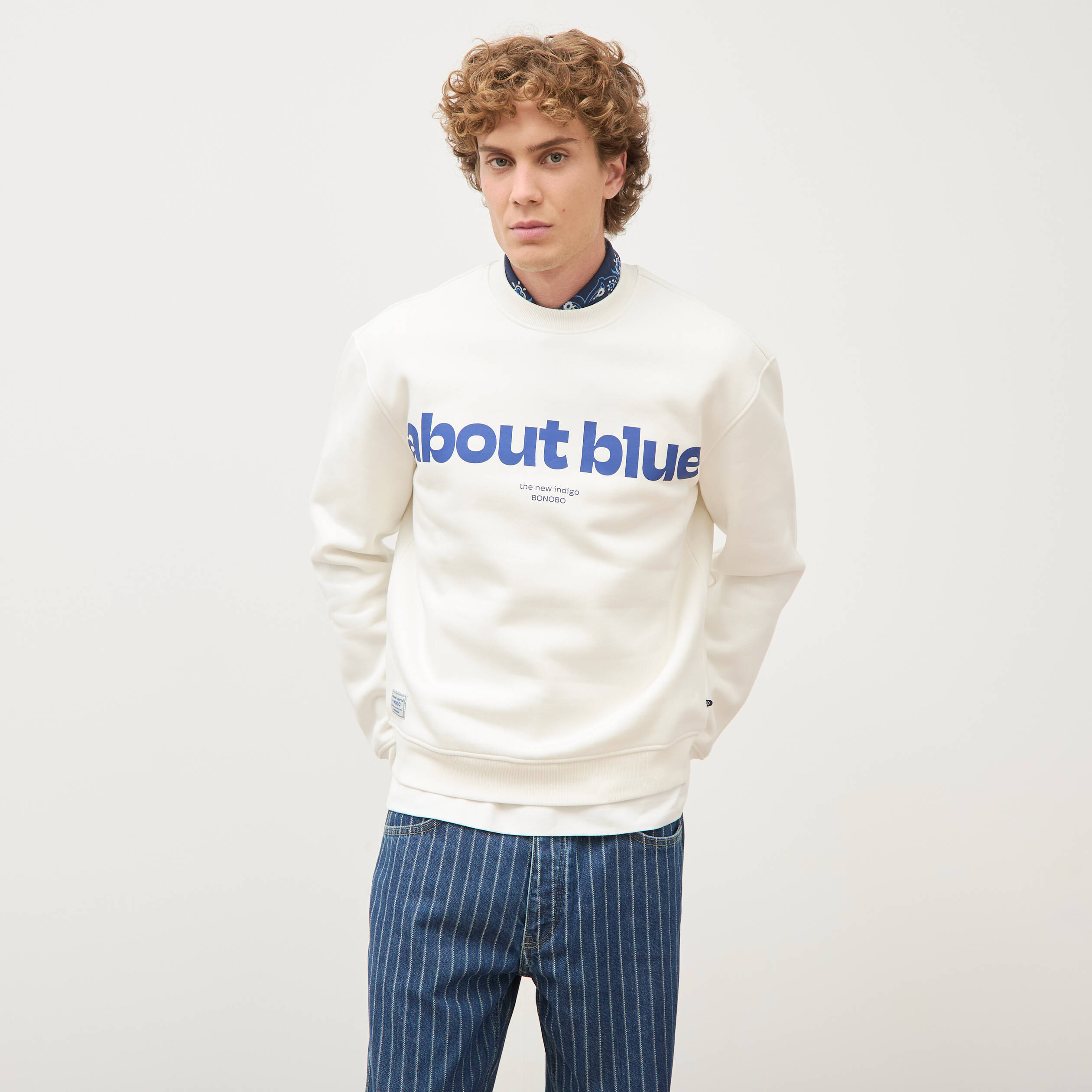 Sweat droit col rond manches longues ecru homme