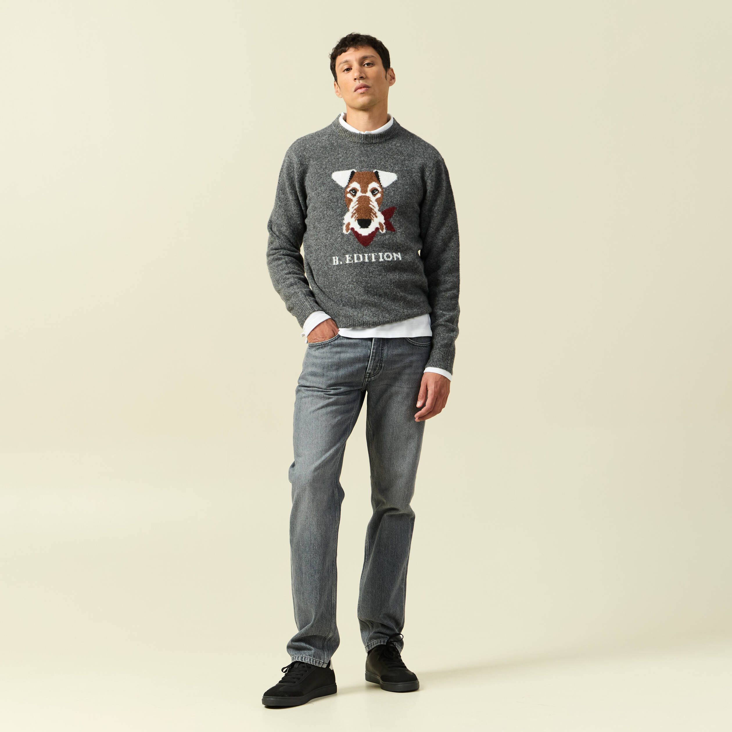 Pull col rond manches longues gris fonc&eacute; homme
