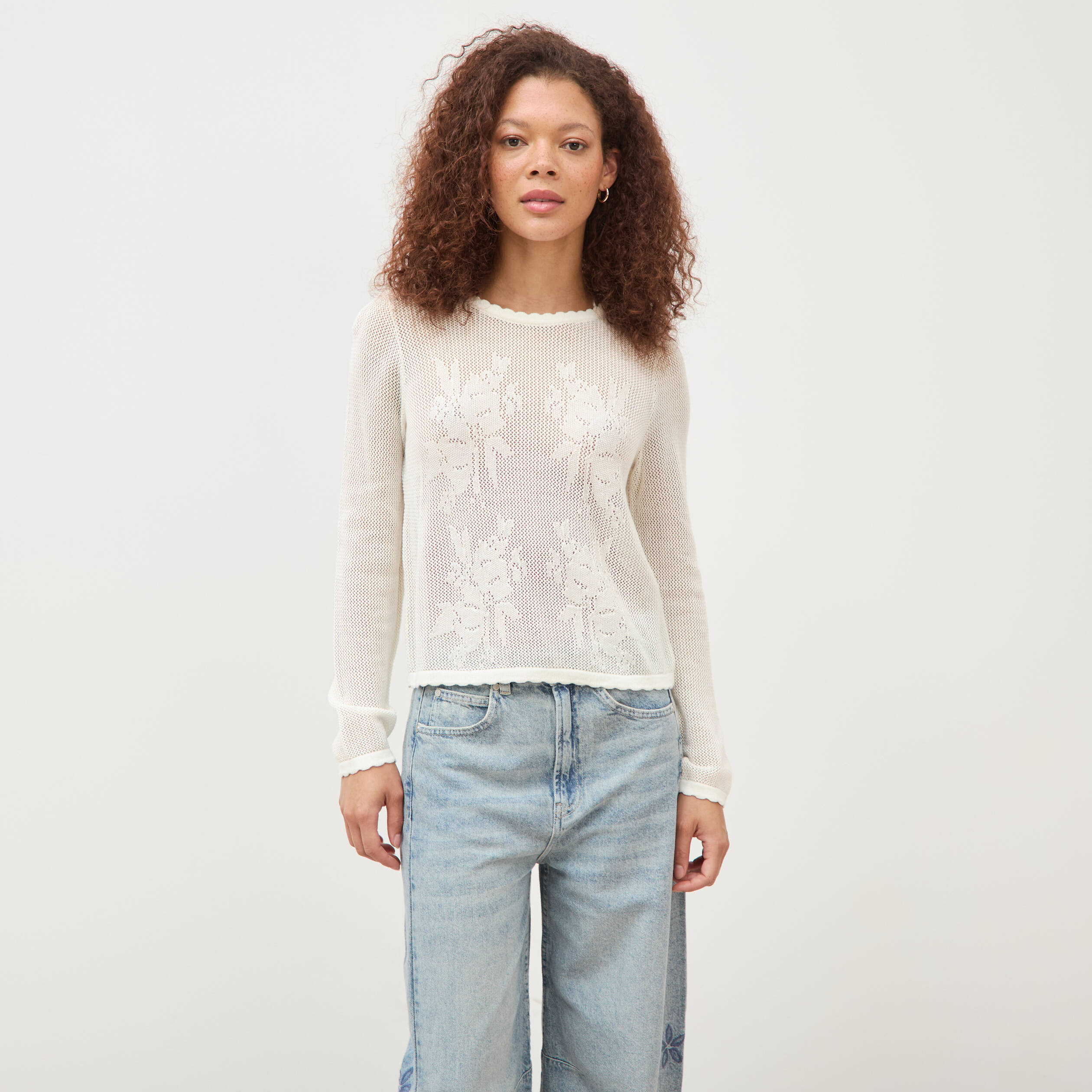 Pull ajour&eacute; col rond manches longues ecru femme