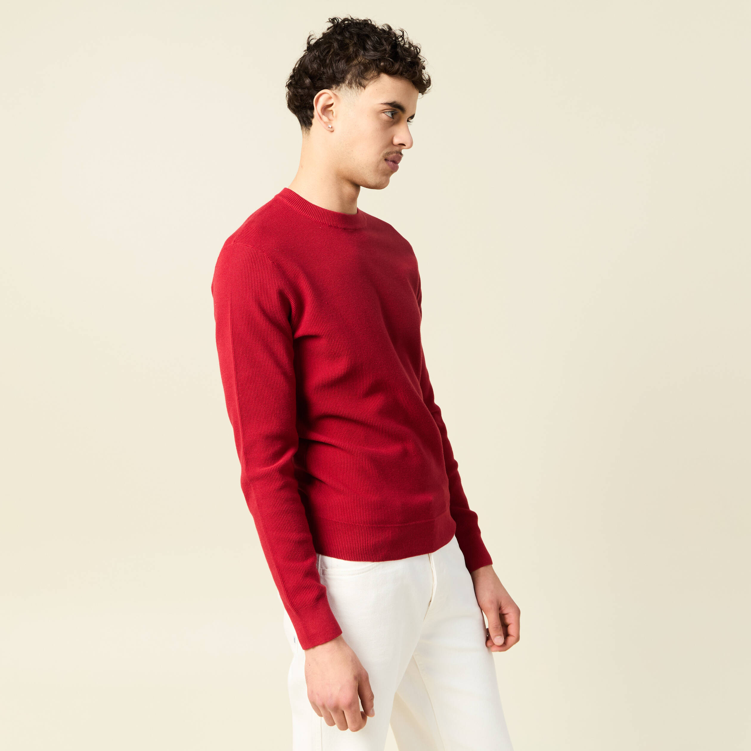 Pull fin col rond manches longues rouge fonc&eacute; homme