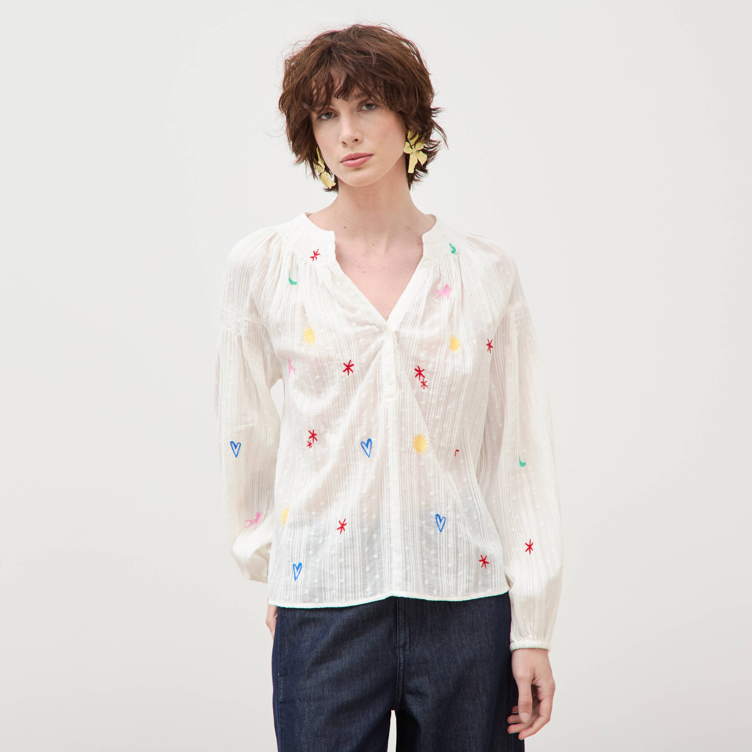 Blouse ample col mao manches longues ecru femme