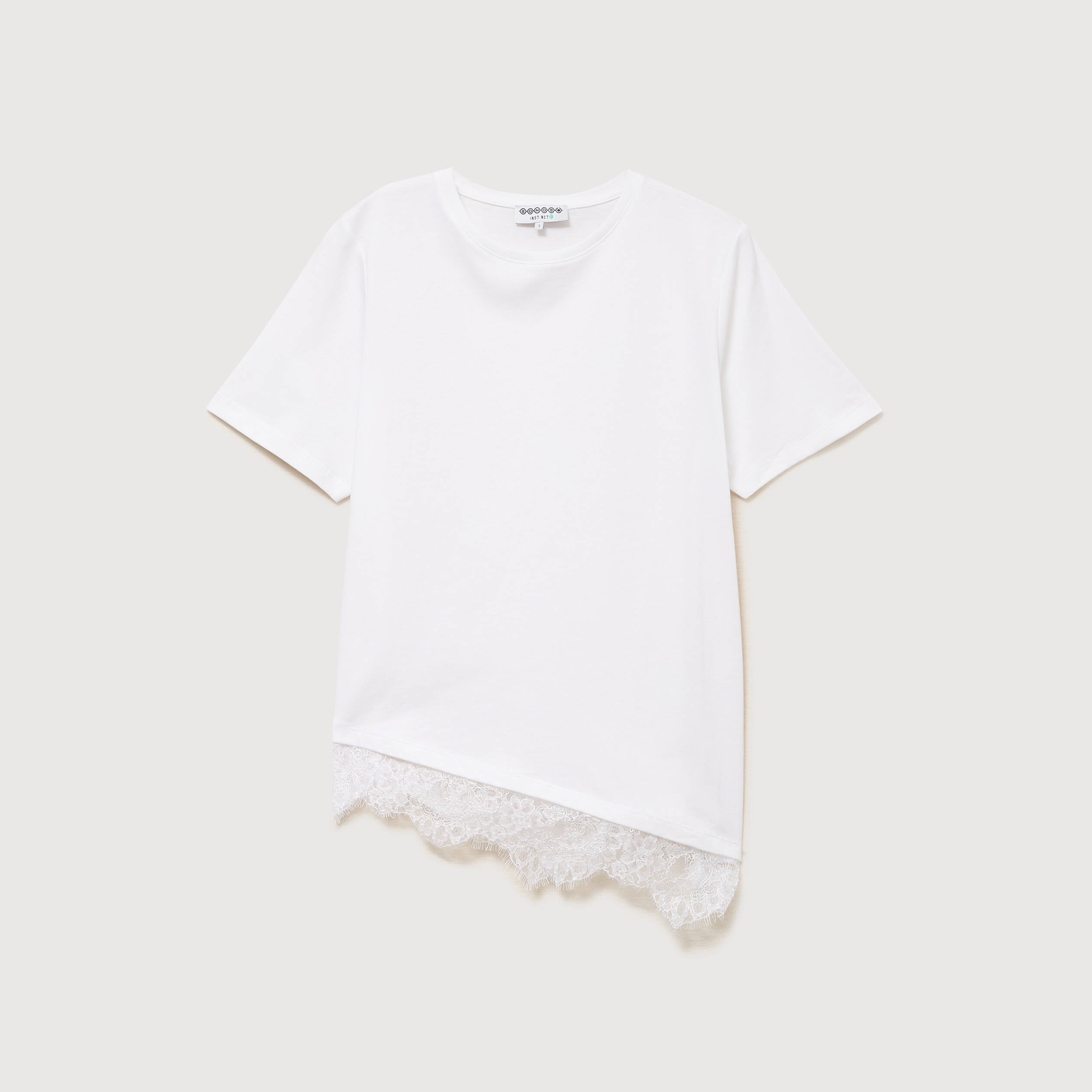 T-shirt droit col rond avec dentelle ecru femme