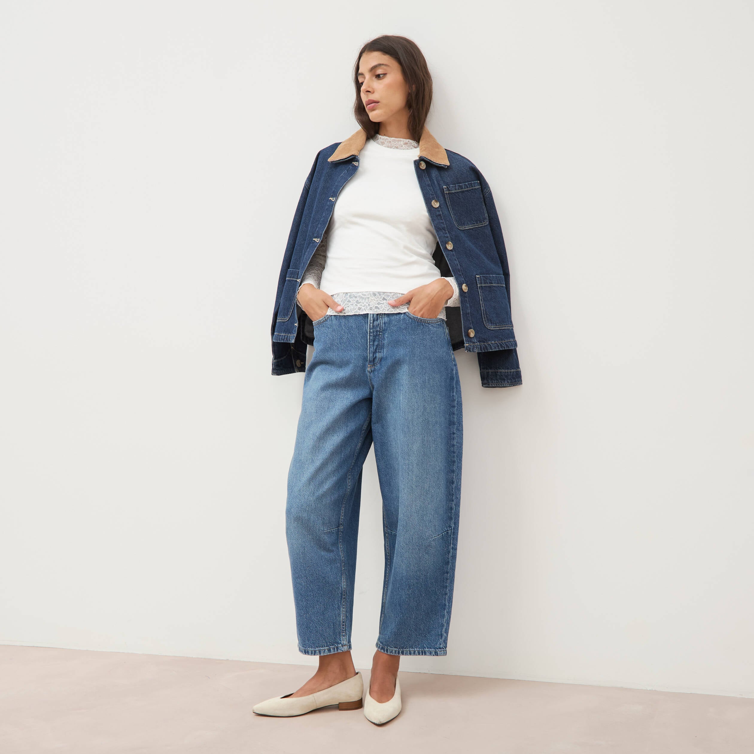 Jeans barrel 7/8&egrave;me taille standard denim used femme