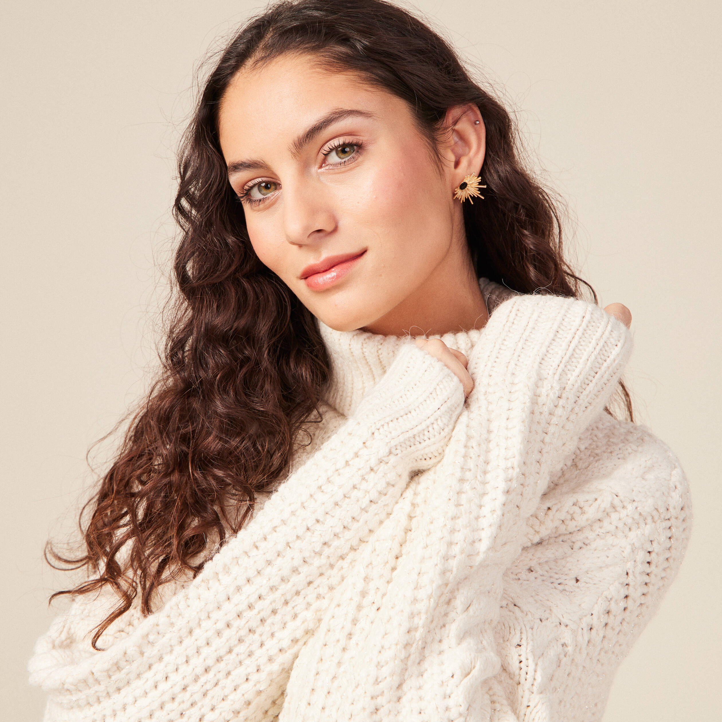 Pull manches longues col roulé ecru femme