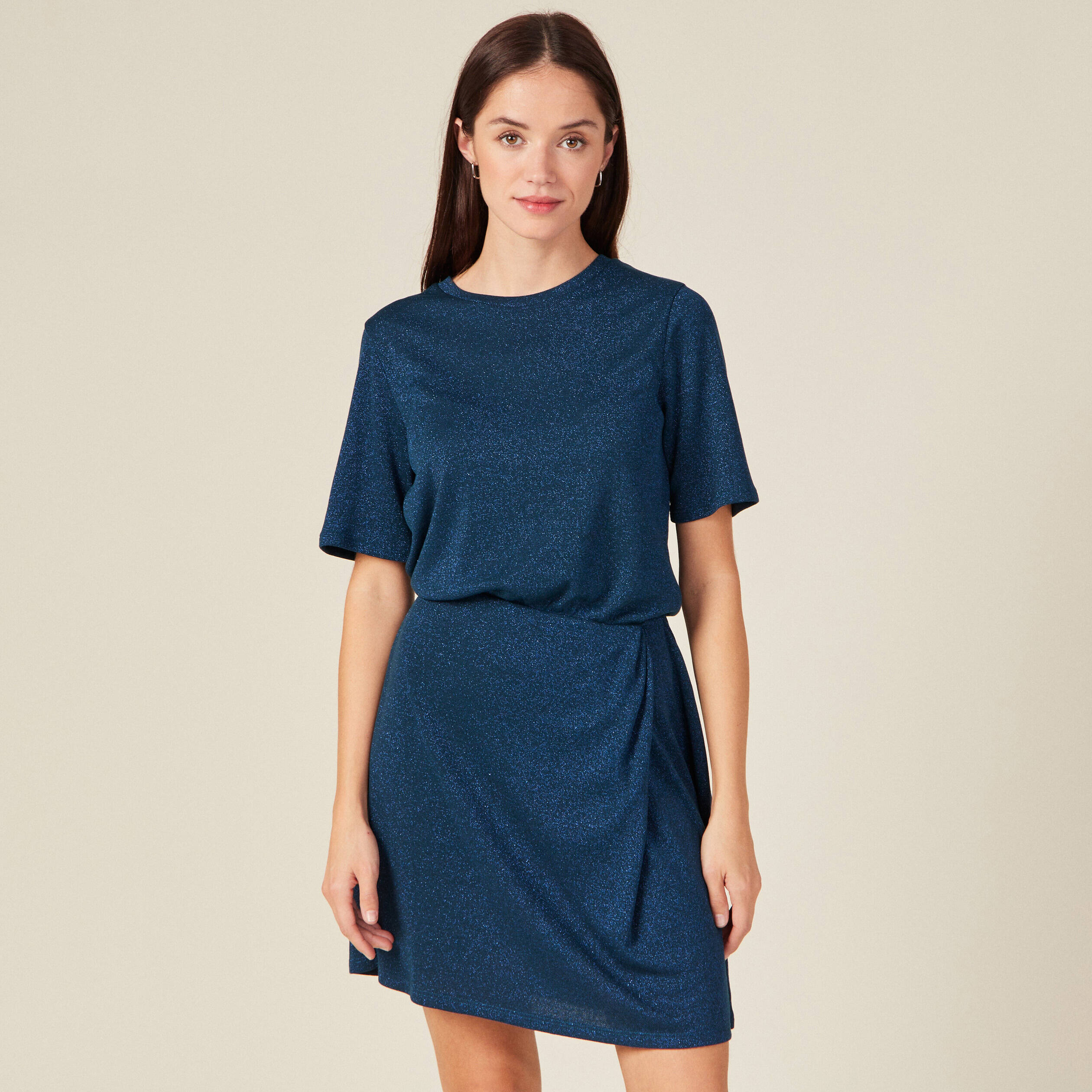 Robe moulante fils métallisés bleu canard femme