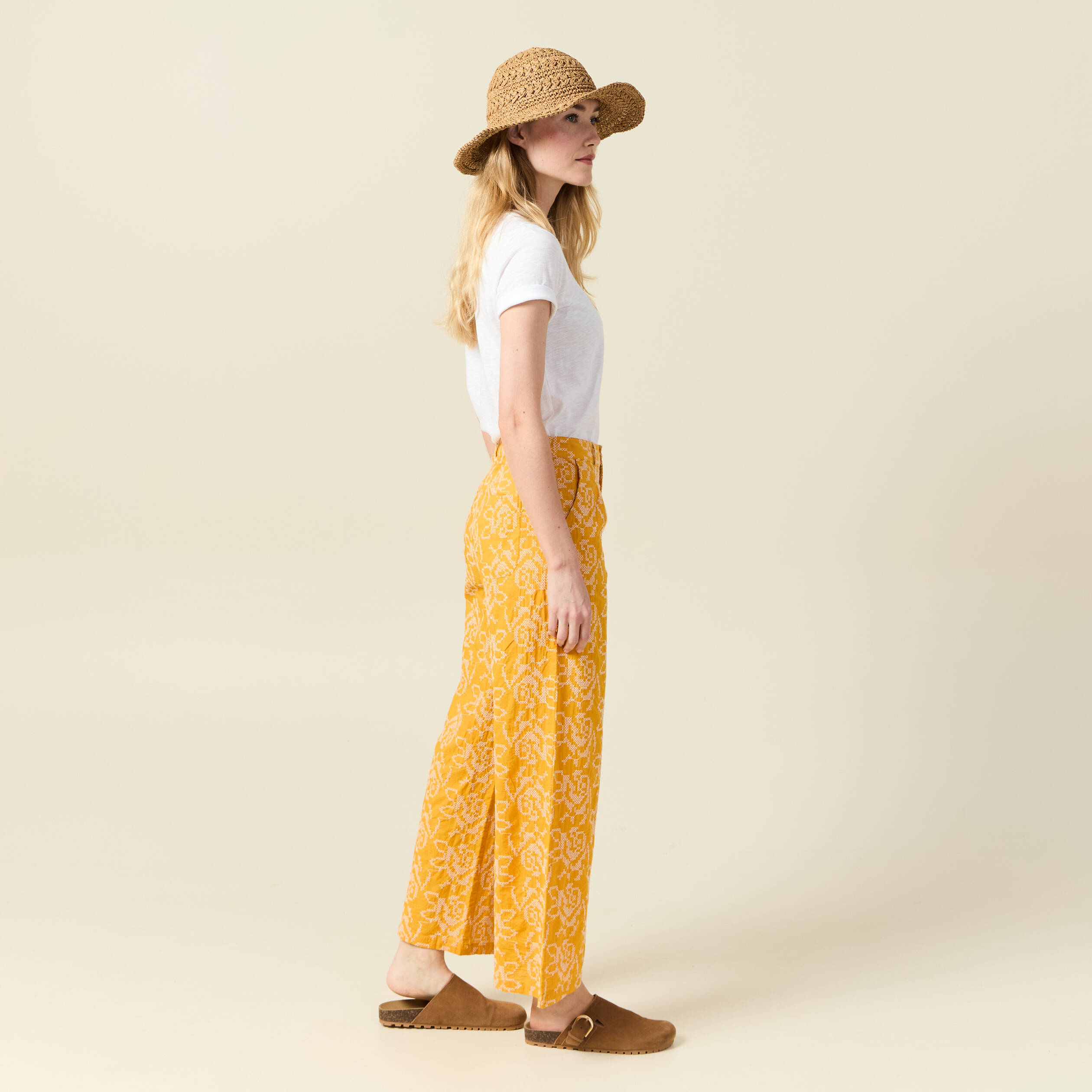 Pantalon large brod&eacute; jaune femme