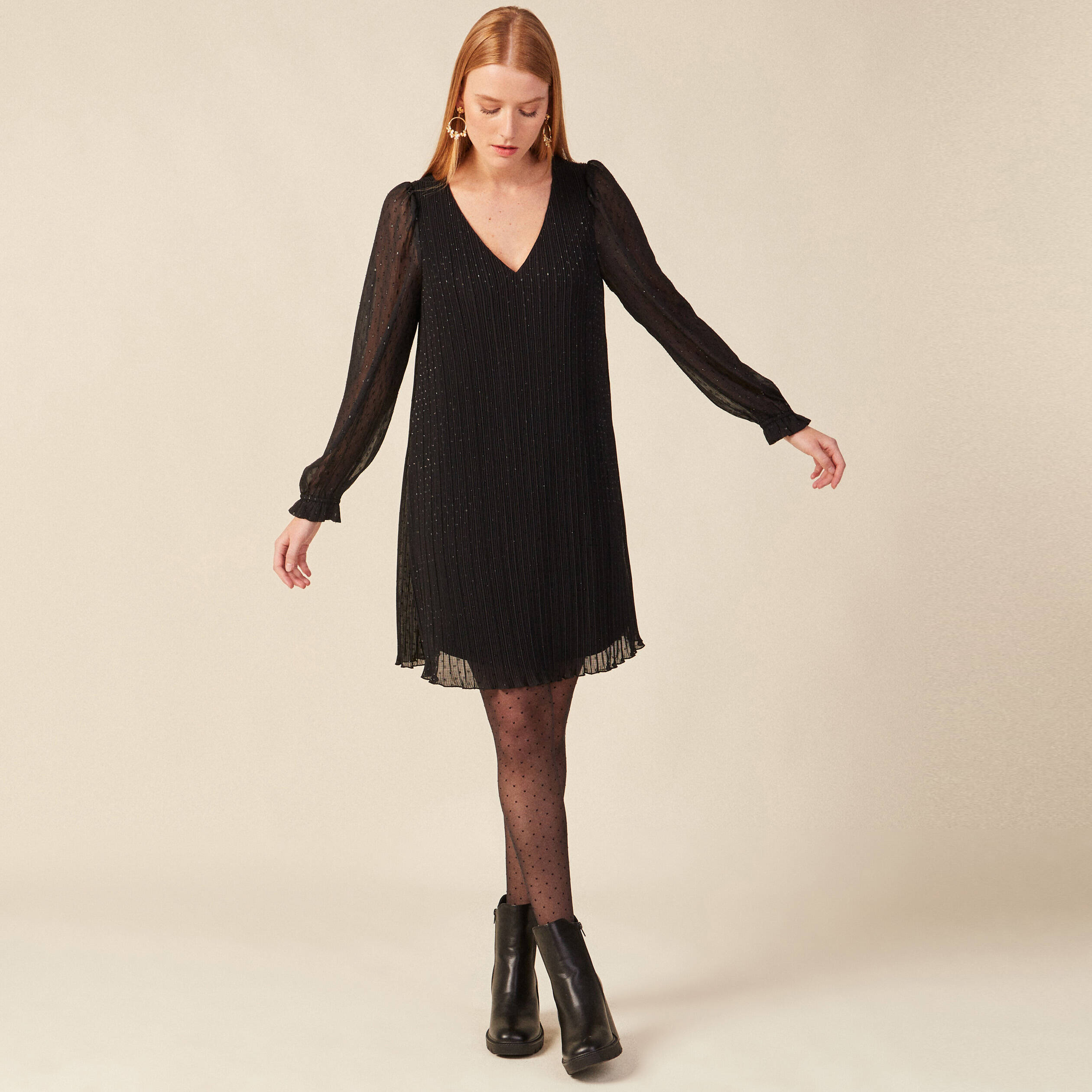 Robe trapèze plissée noir femme