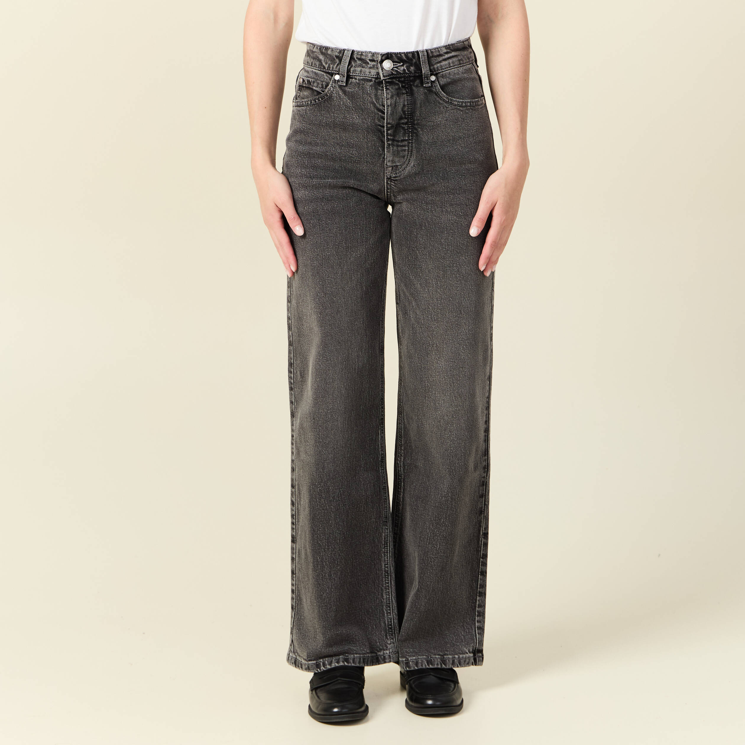 Jeans large taille haute denim snow gris femme