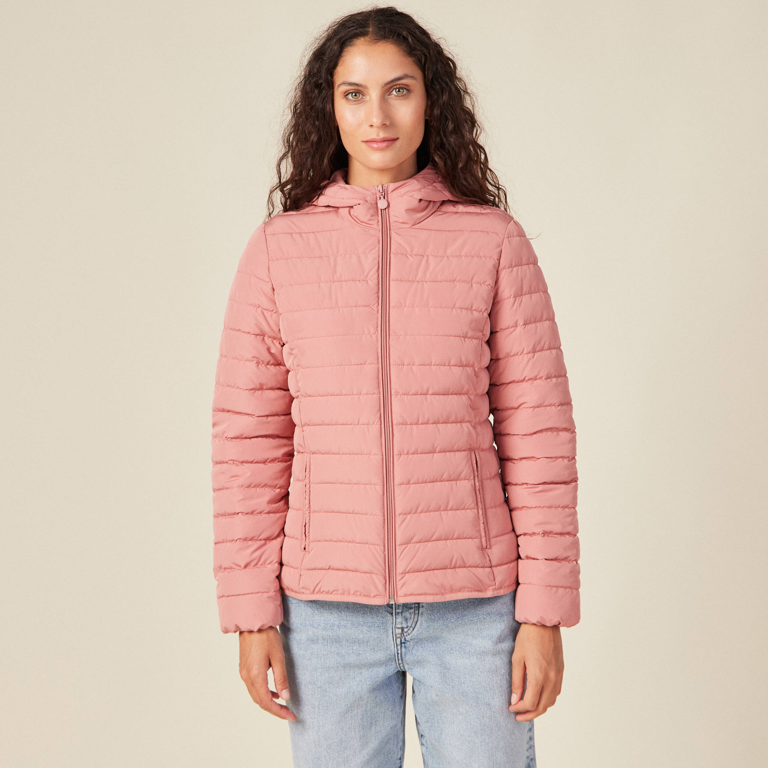 Doudoune droite à capuche rose femme