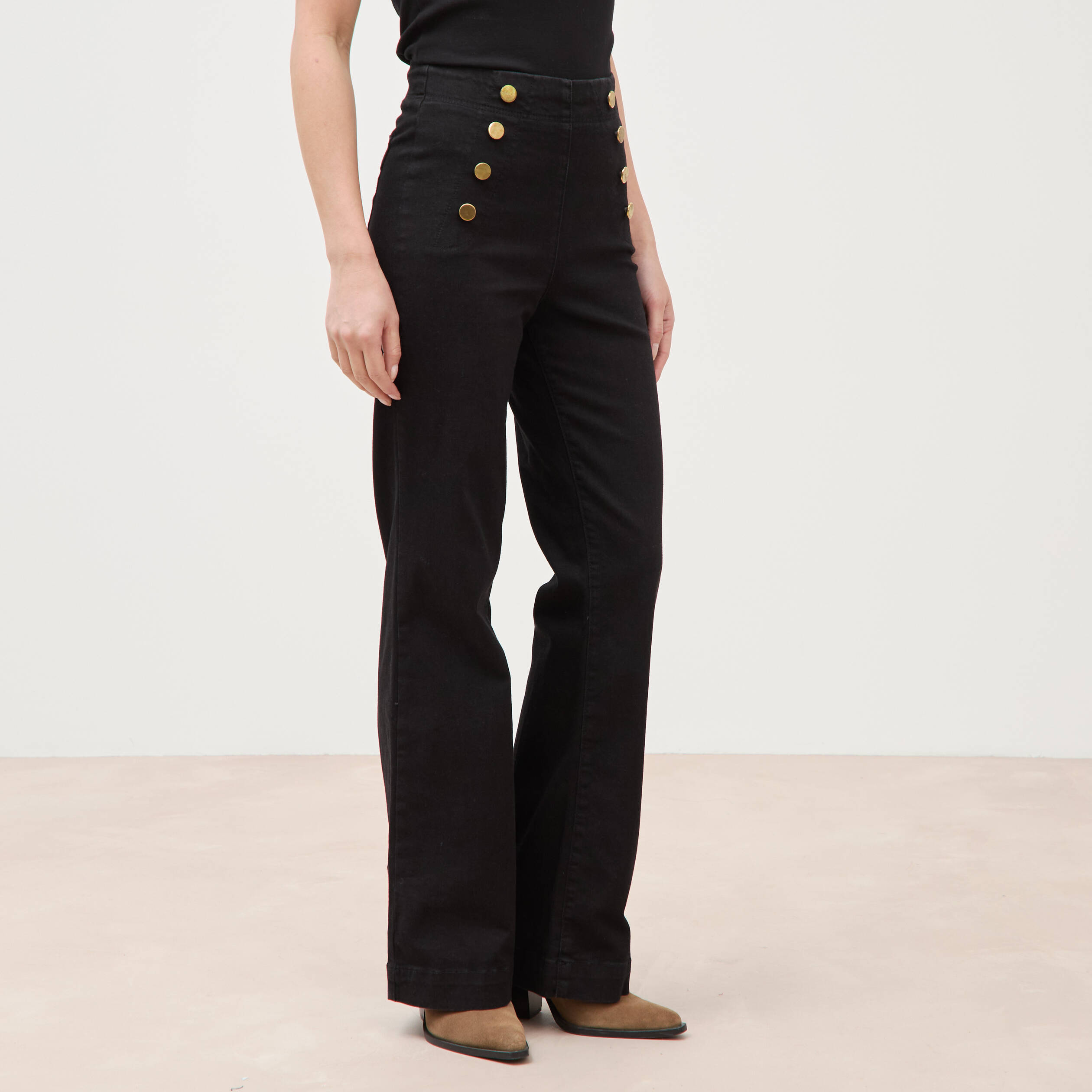 Jeans bootcut taille haute 7/8&egrave;me denim noir femme