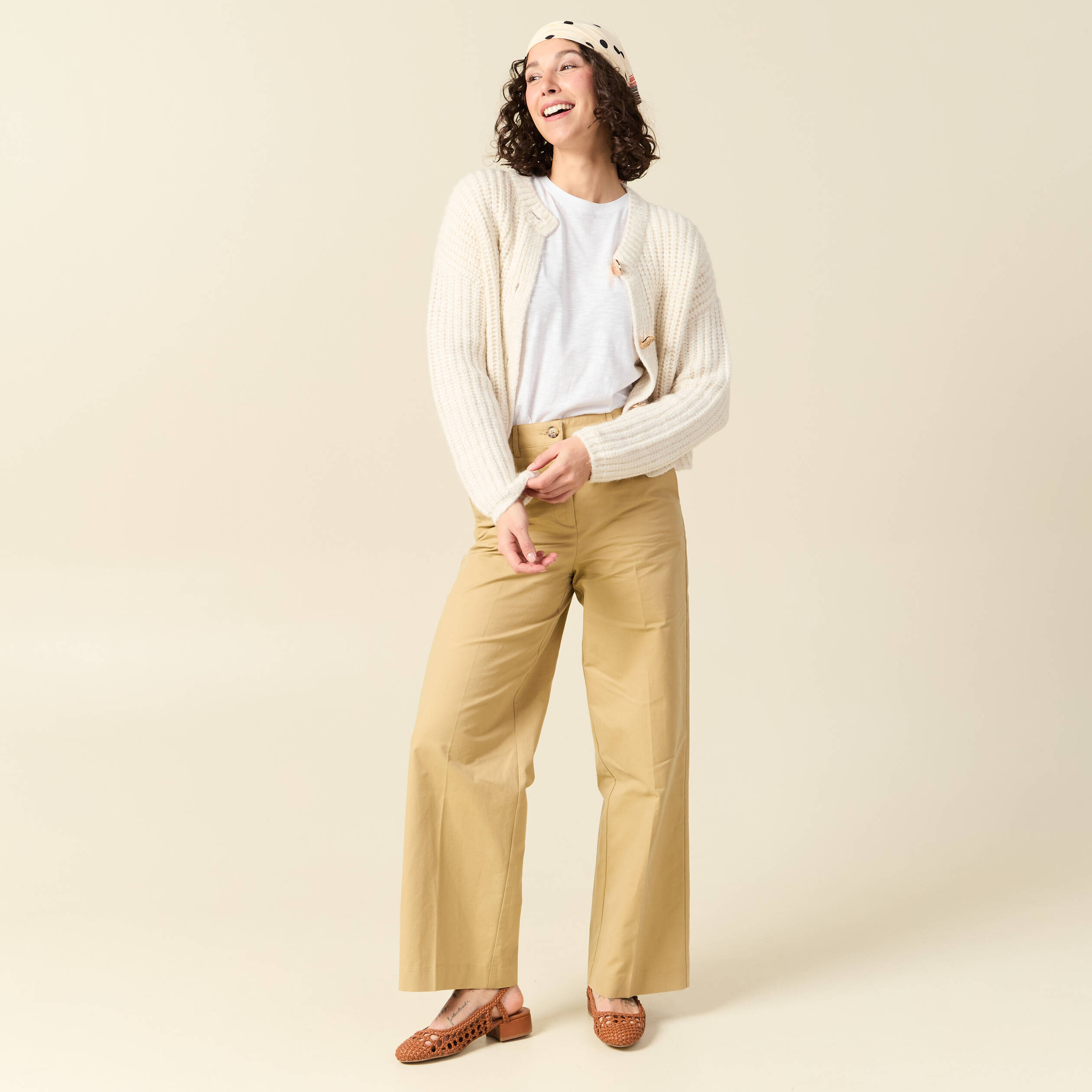 Pantalon large taille haute beige femme