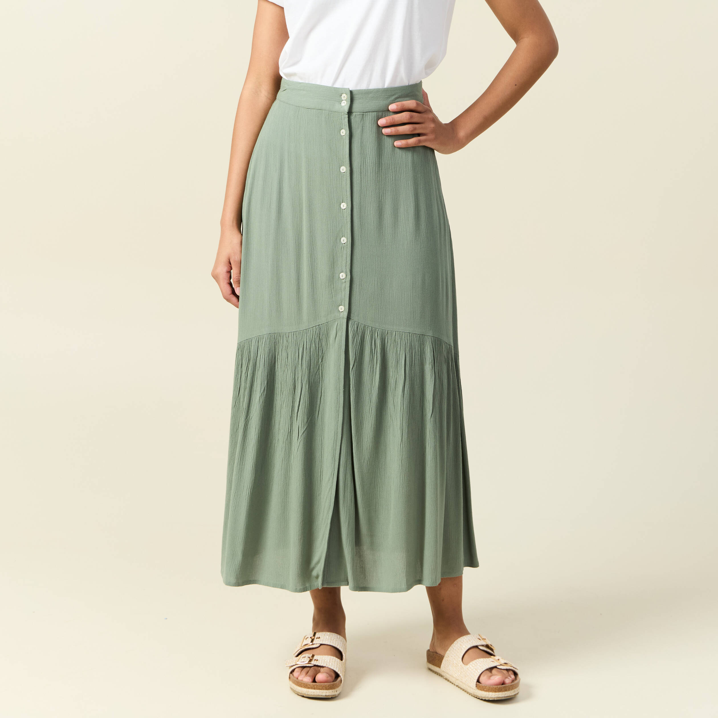 jupe longue evasee vert kaki femme Jupe longue évasée vert kaki femme