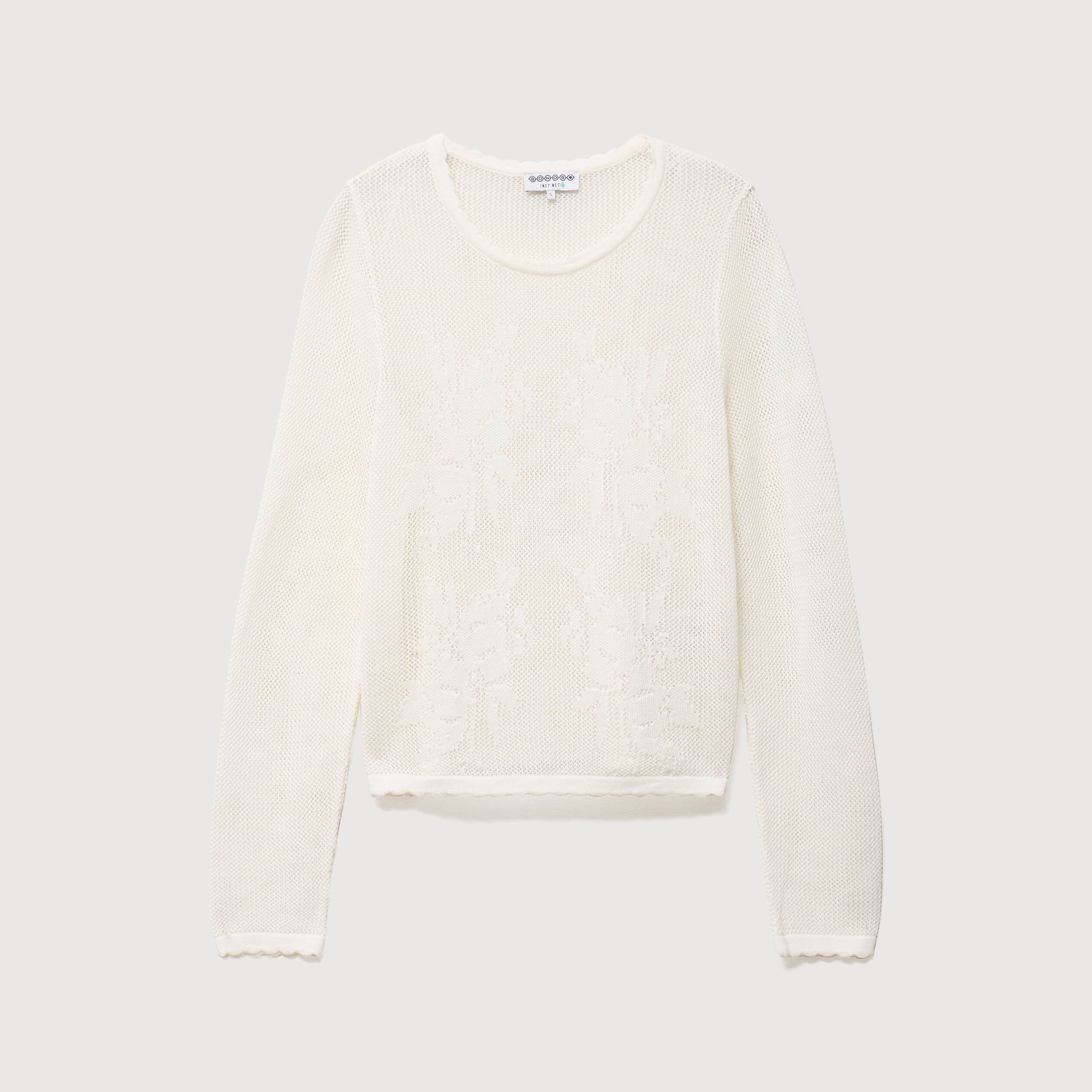 Pull ajour&eacute; col rond manches longues ecru femme
