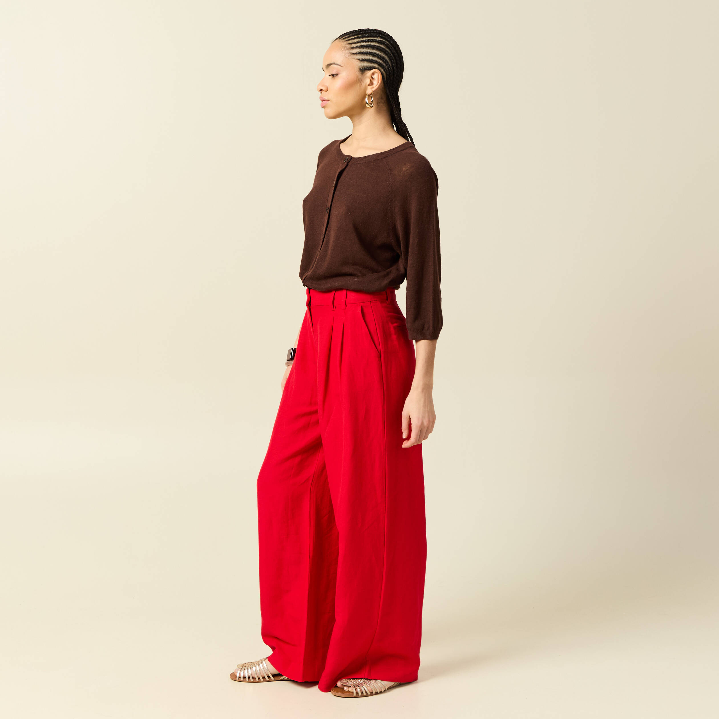 Pantalon large taille standard rouge femme