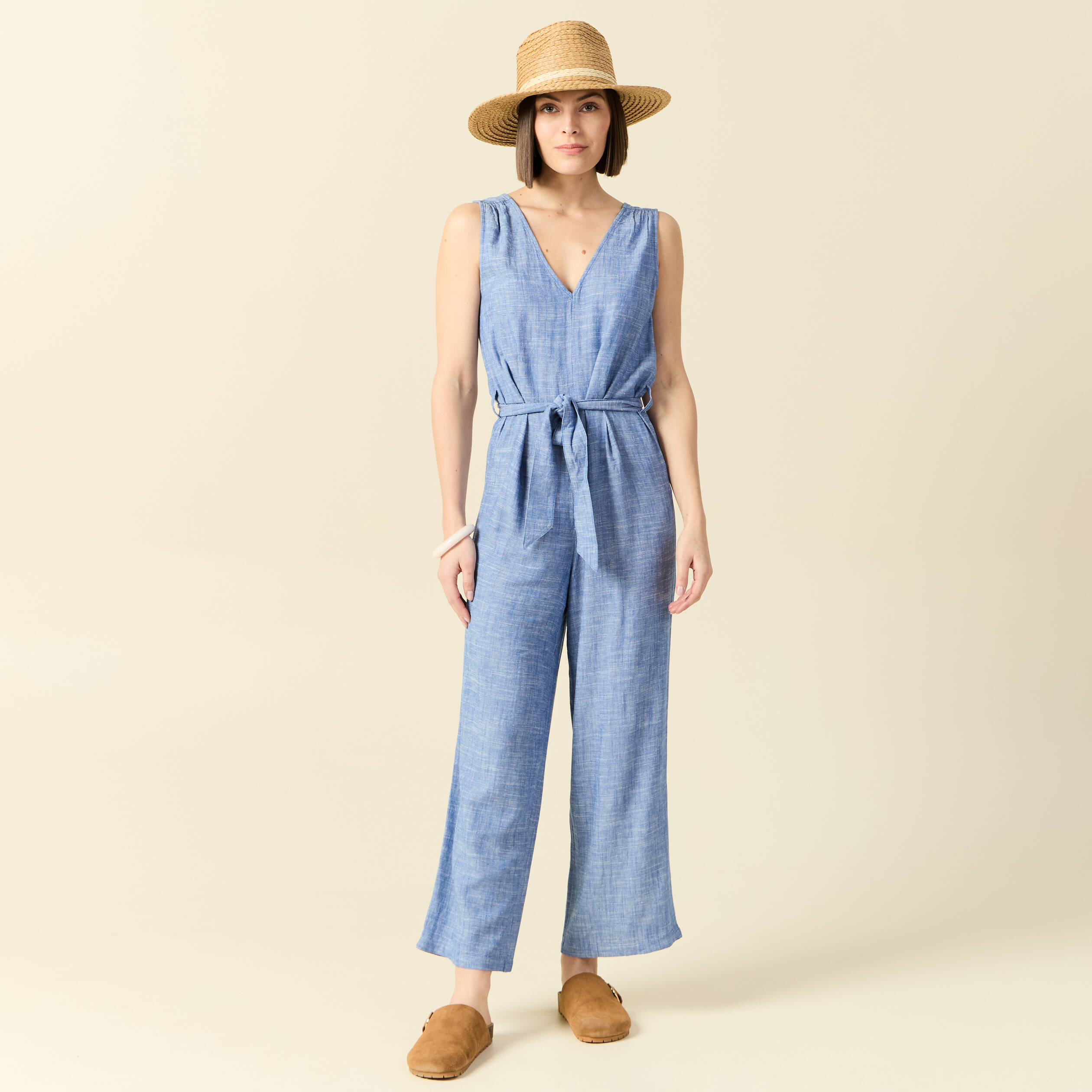 Combinaison pantalon ceintur&eacute;e bleu femme