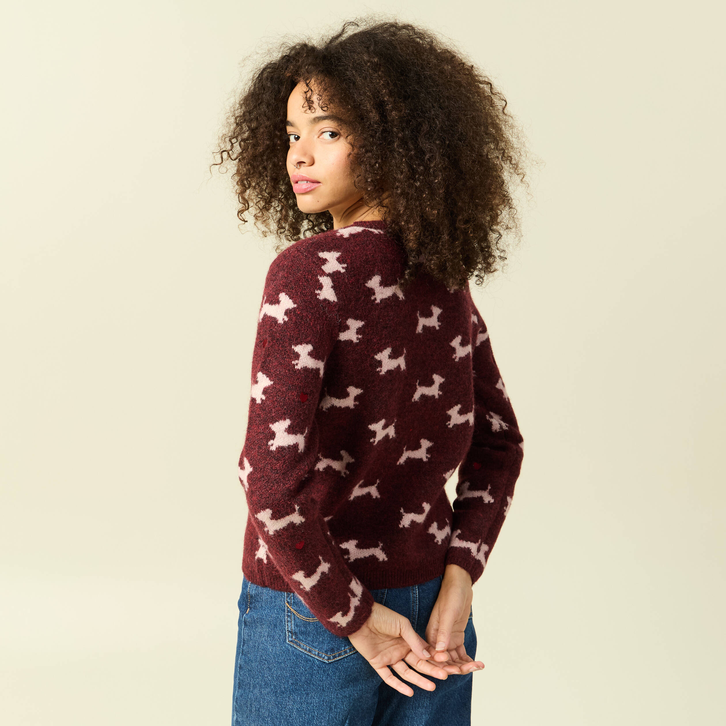 Pull de no&euml;l col rond manches longues prune femme