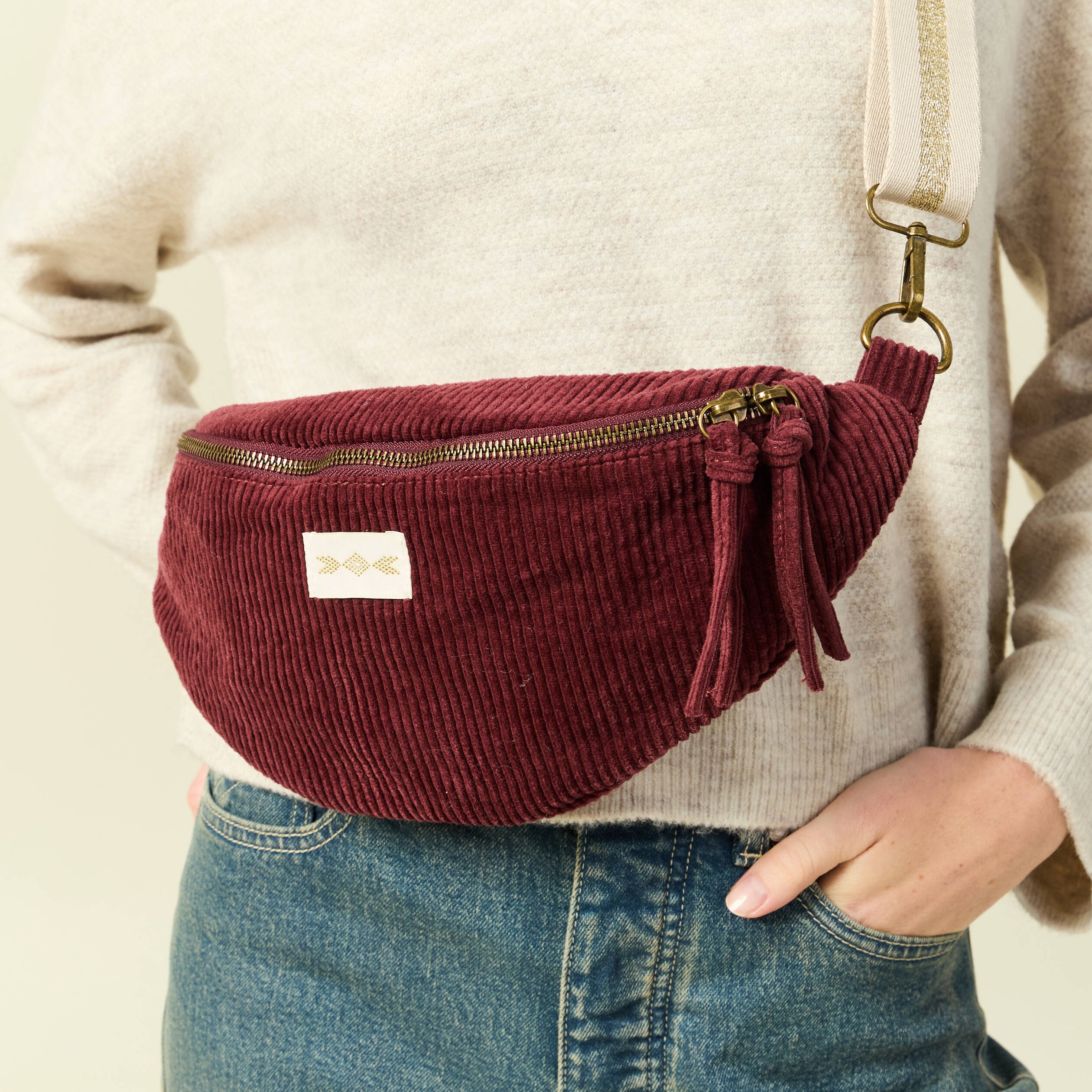 Sac banane velours côtelé prune femme