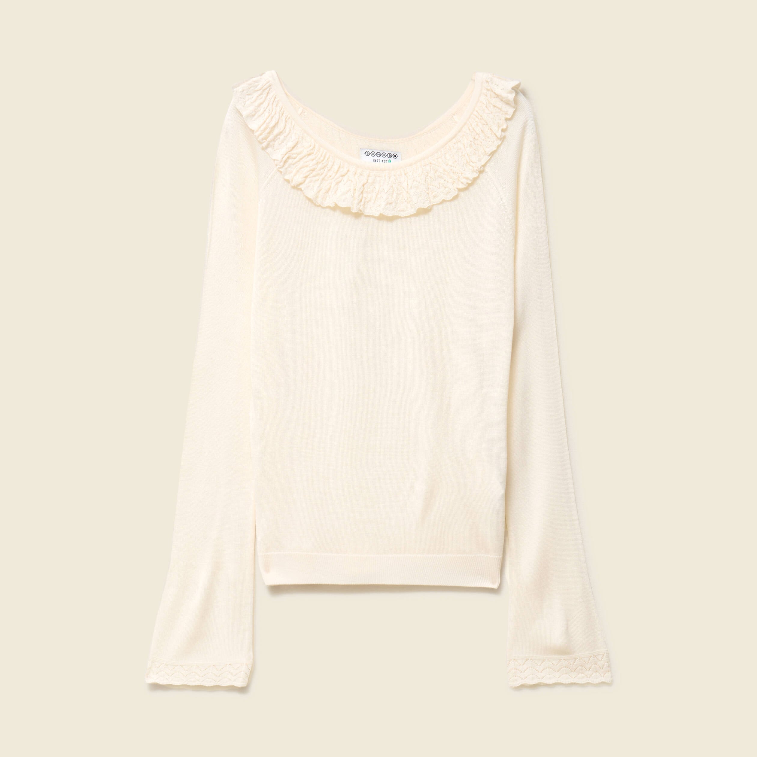 Pull col rond &agrave; volants manches longues ivoire femme
