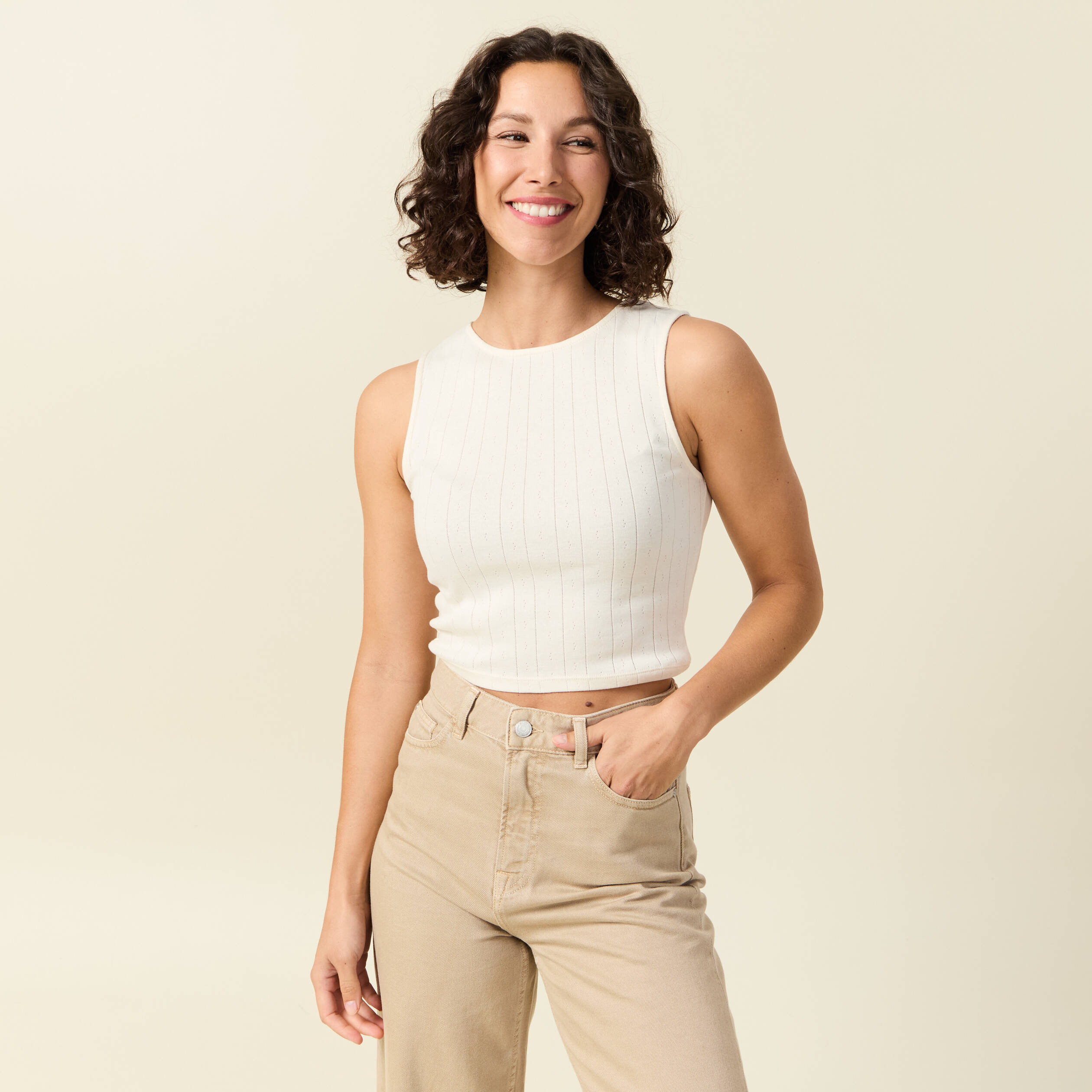 debardeur cropped col rond en coton ivoire femme Débardeur cropped col rond en coton ivoire femme