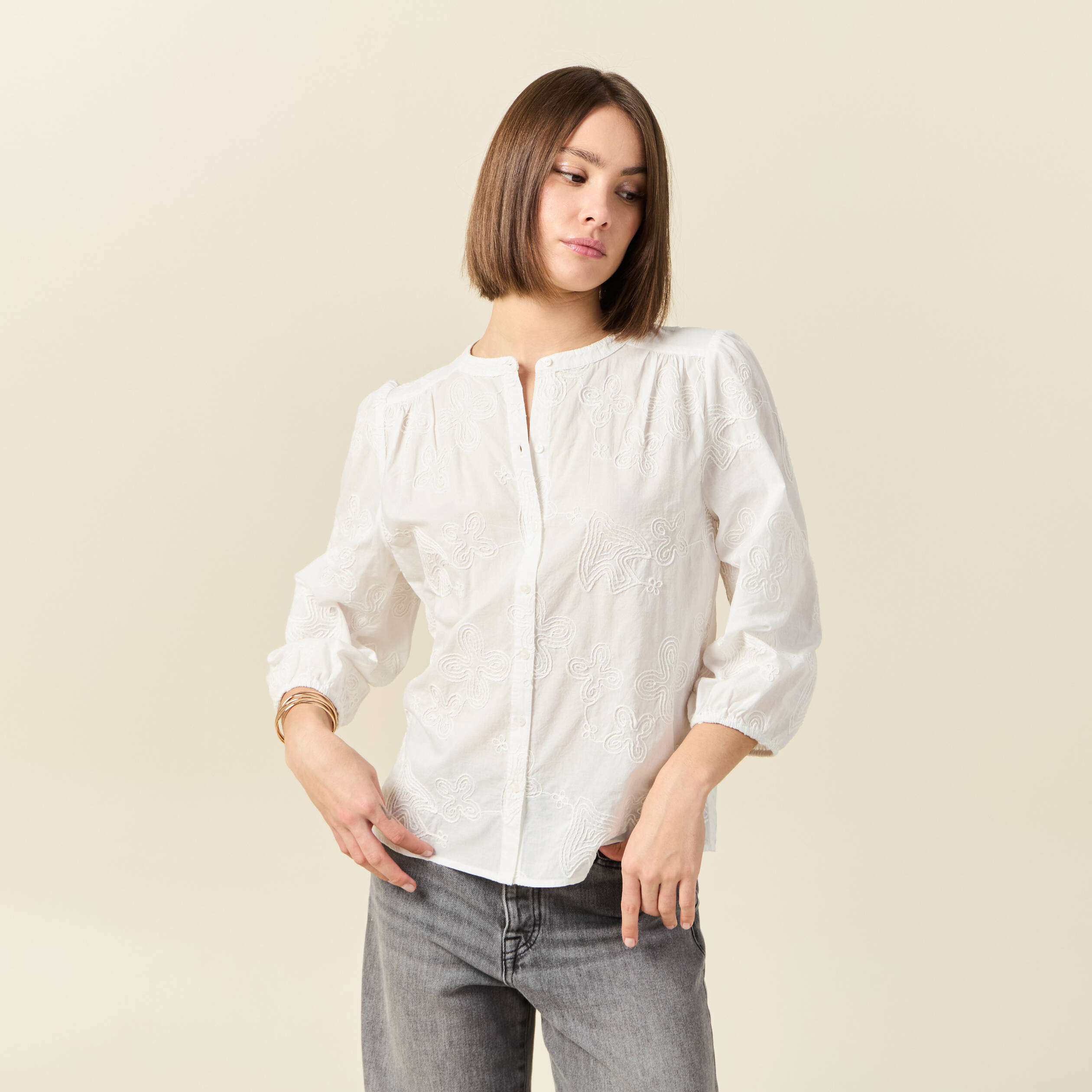 chemise manches 34 brodee ecru femme Chemise manches 3/4 brodée ecru femme