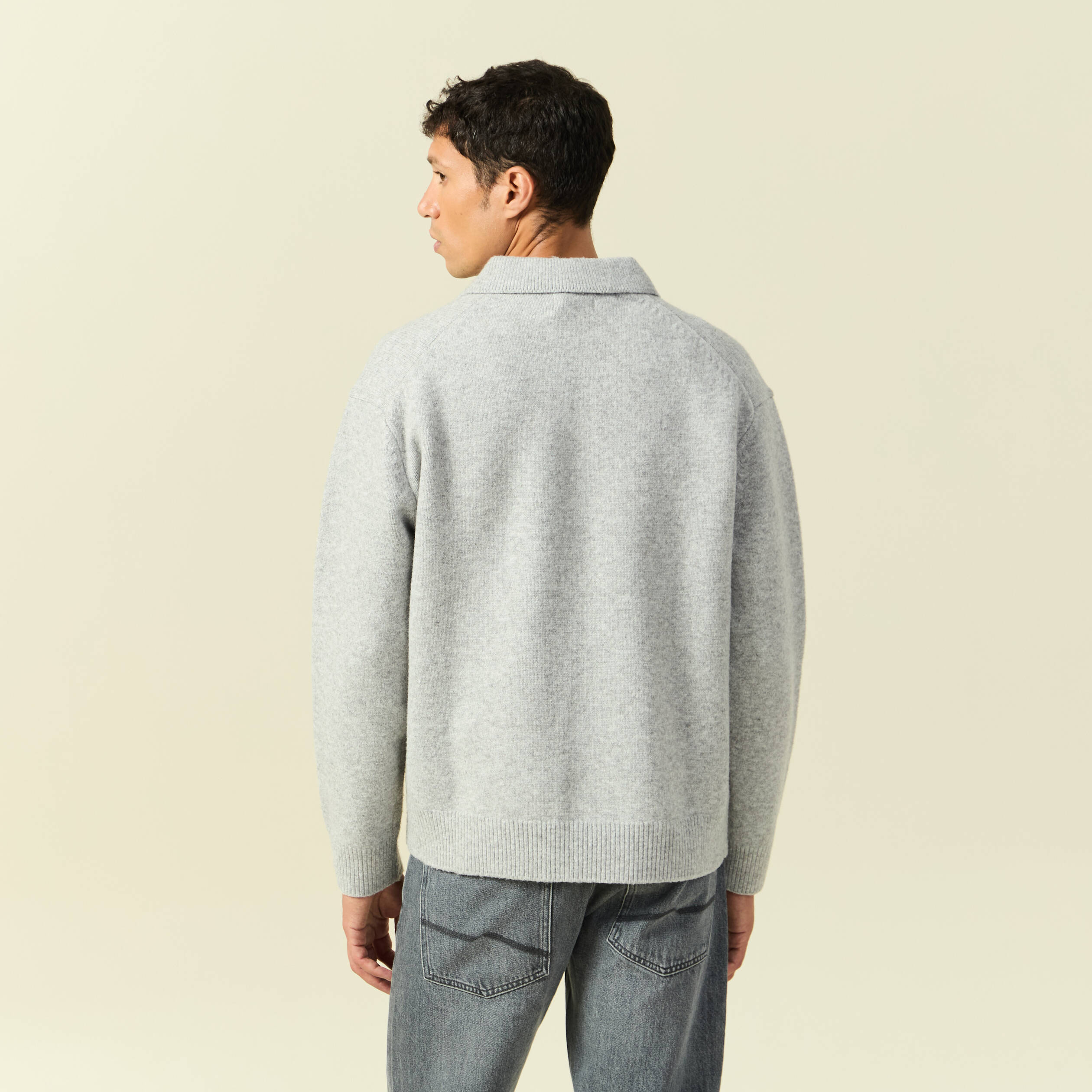 Pull manches longues col polo zipp&eacute; gris homme