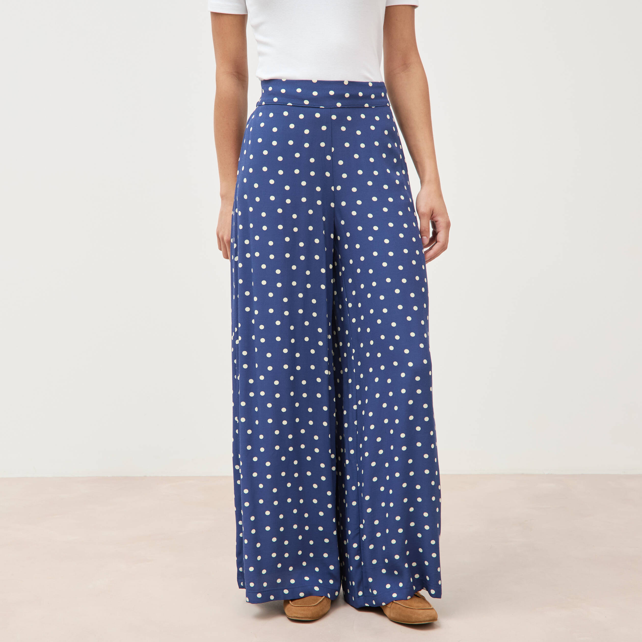 Pantalon large taille haute bleu marine femme