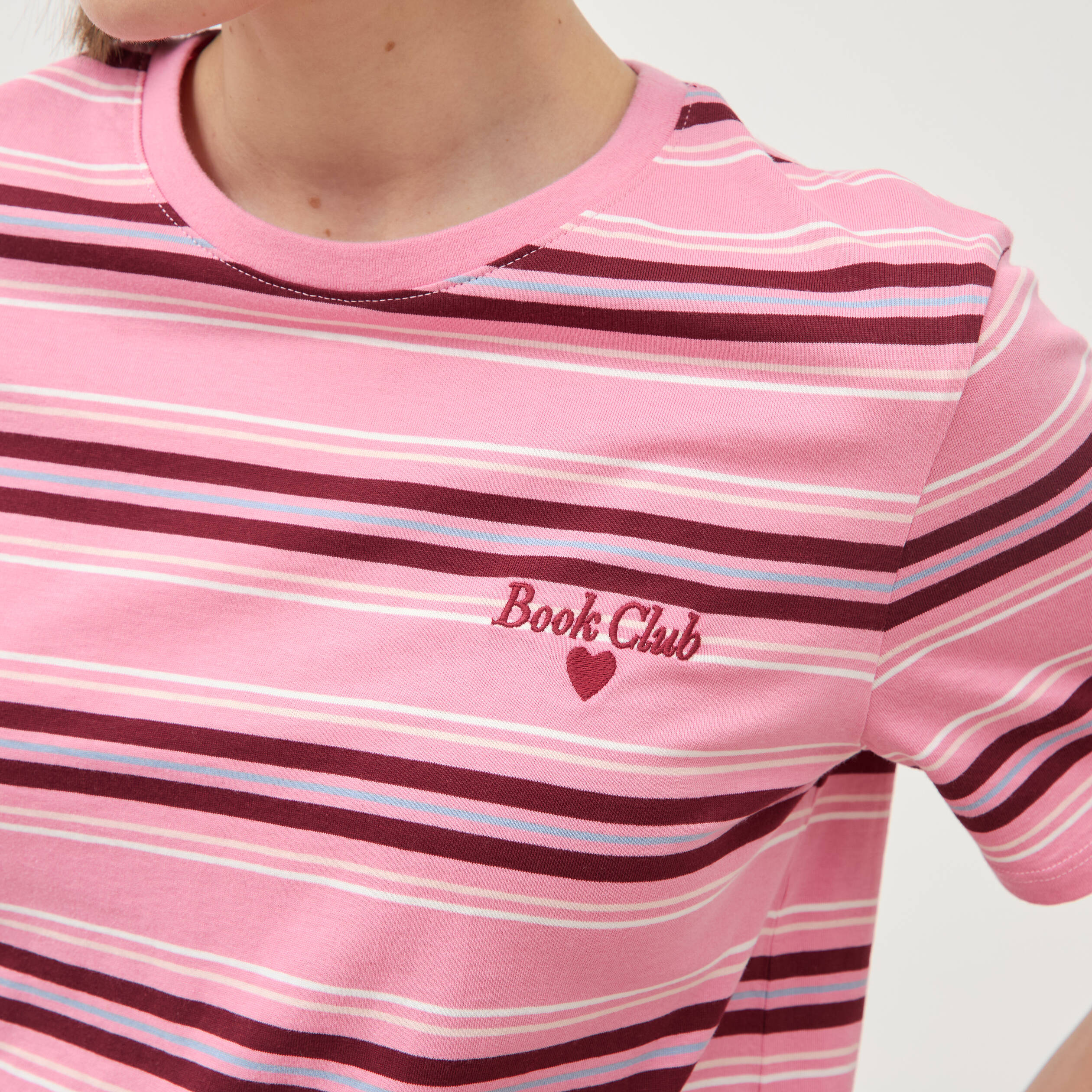 T-shirt ray&eacute; col rond manches courtes vieux rose femme