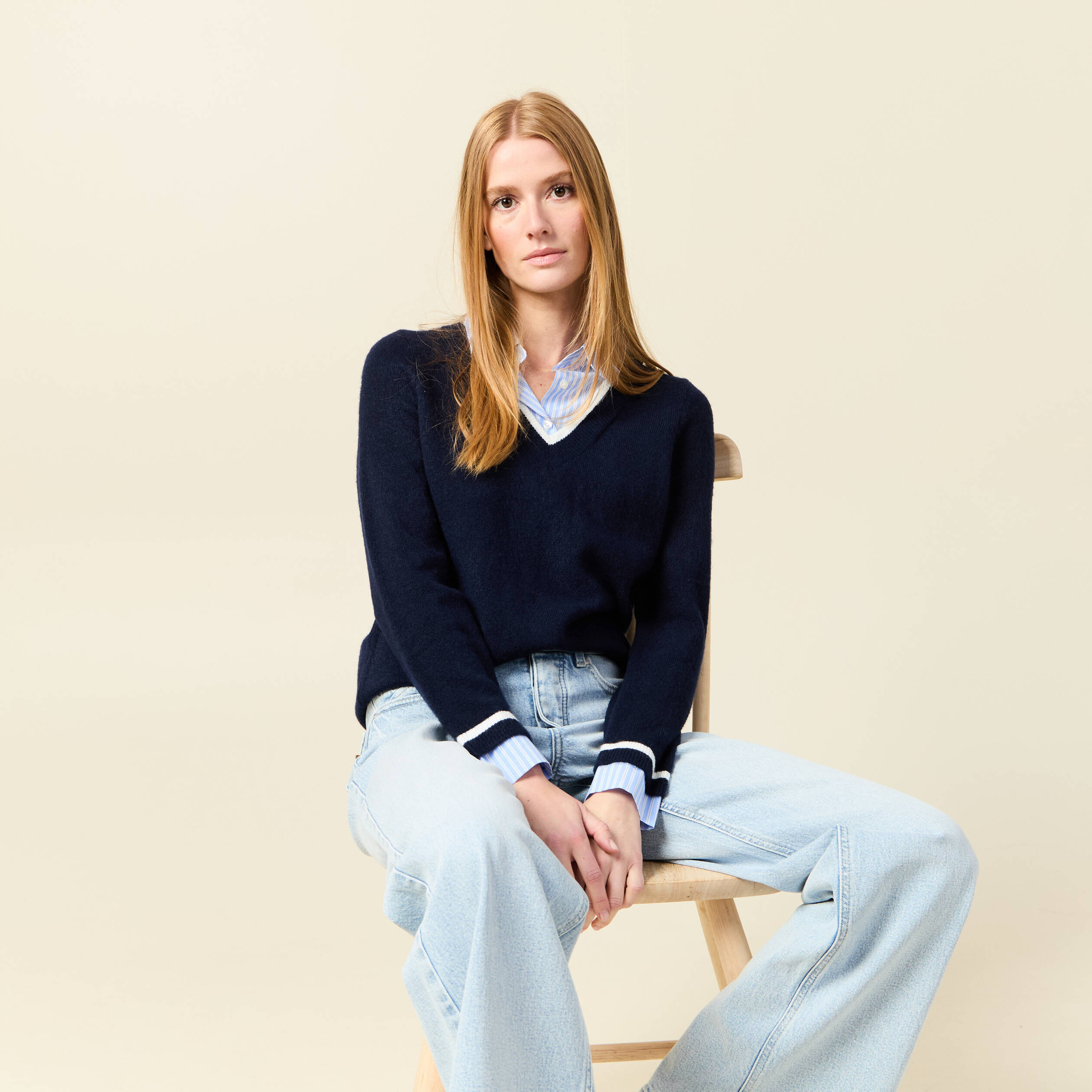 pull manches longues 2 en 1 bleu fonce femme Pull manches longues 2-en-1 bleu foncé femme