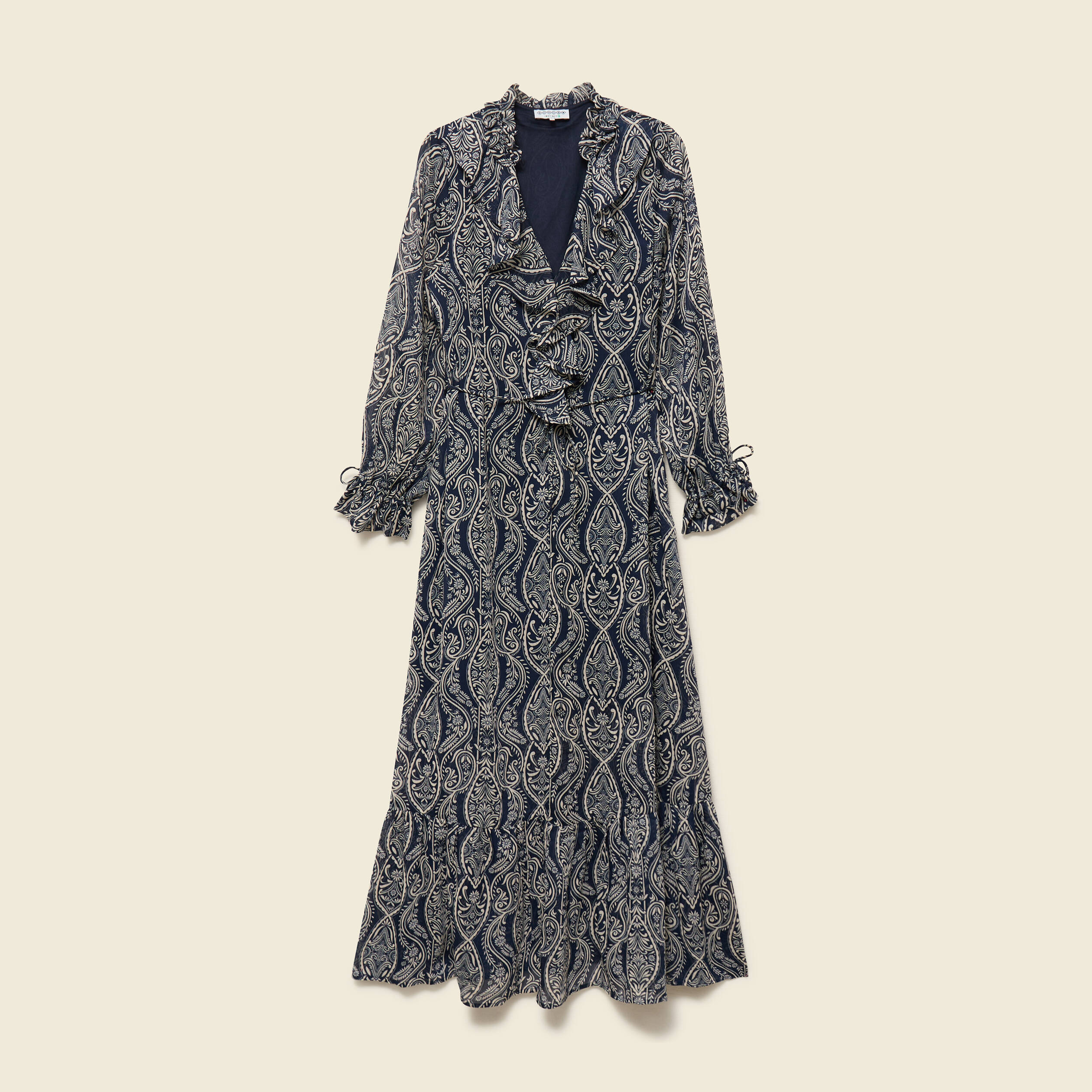 Robe longue &eacute;vas&eacute;e col v manches longues bleu marine femme