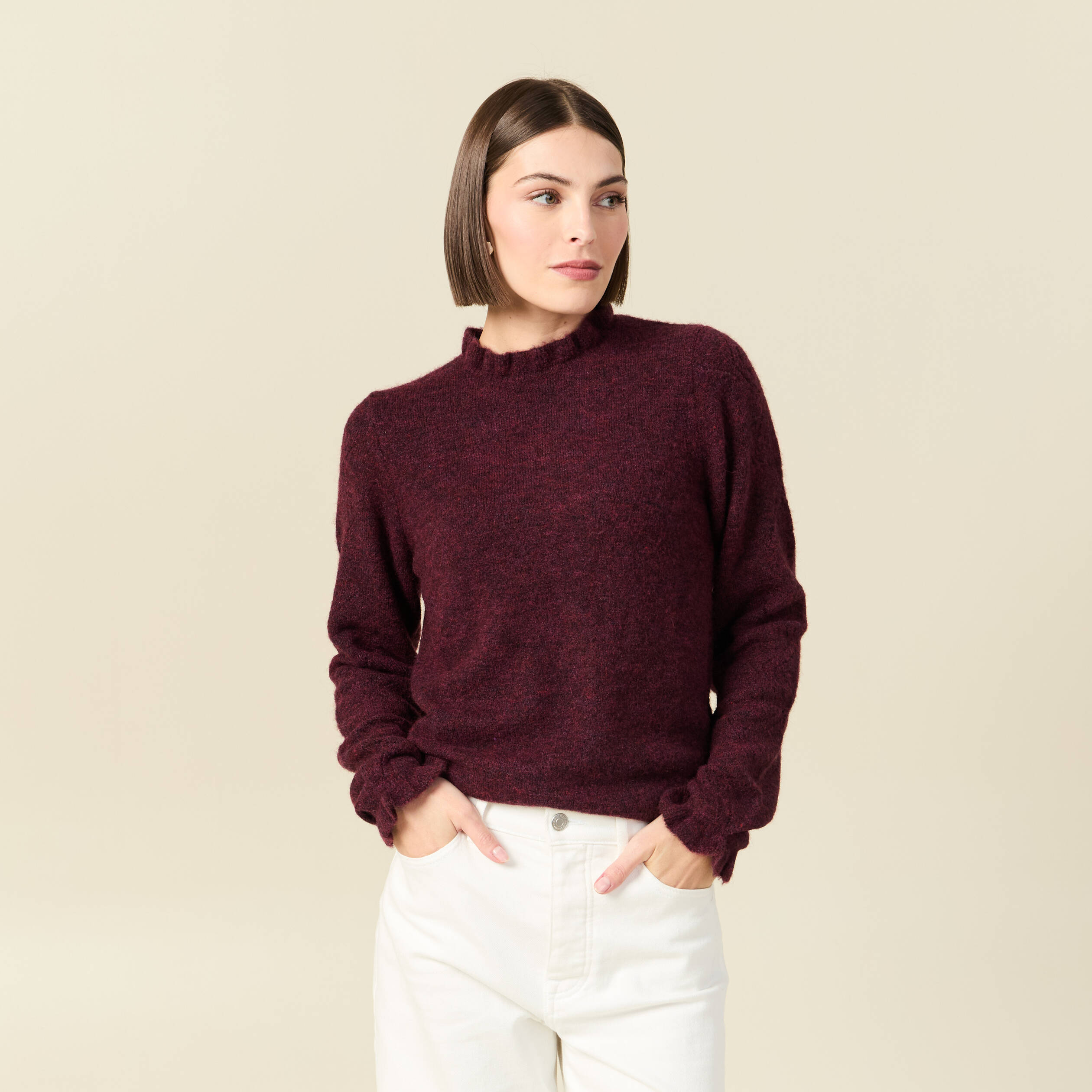 Pull col montant manches longues bordeaux femme