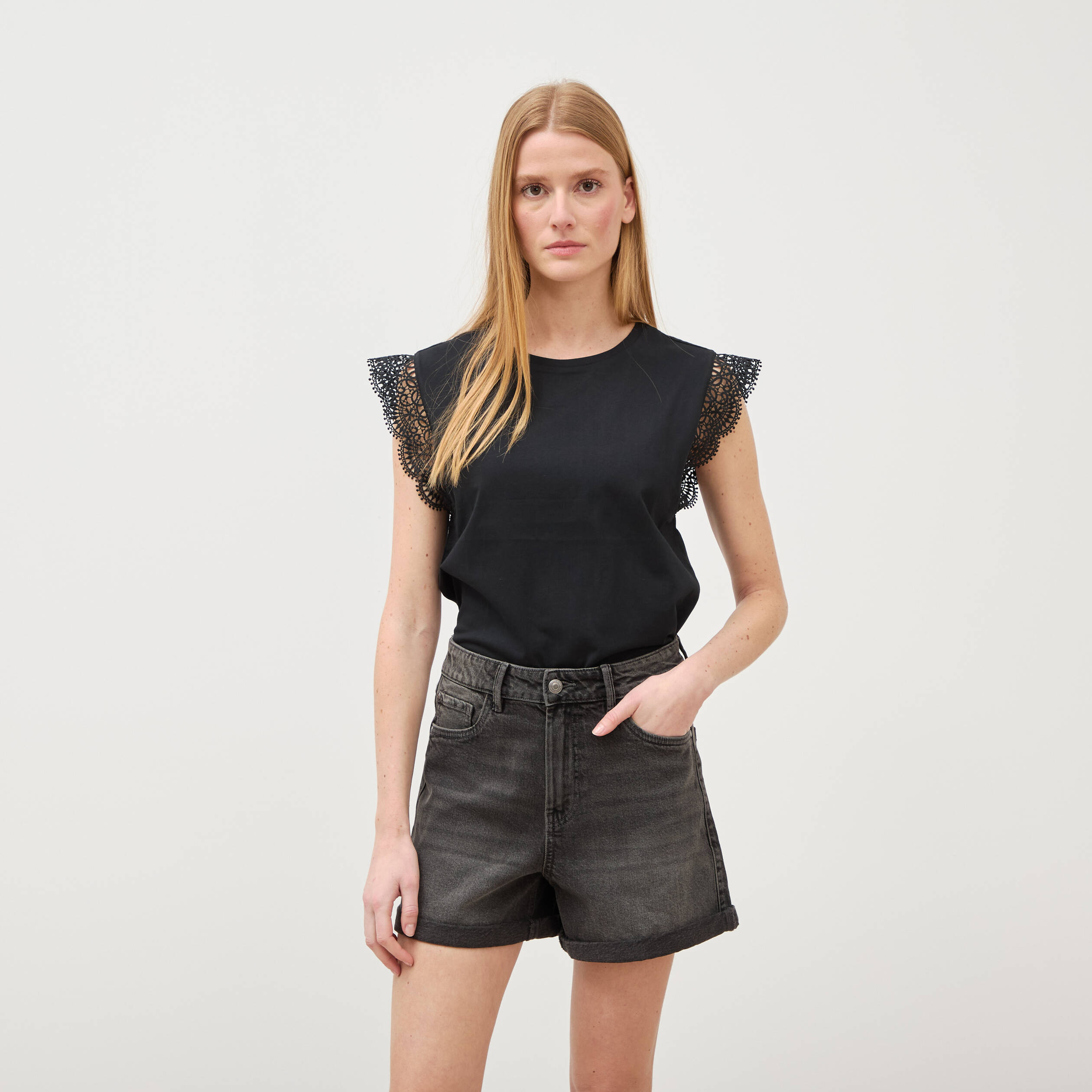 Short mom taille haute en jean denim gris femme