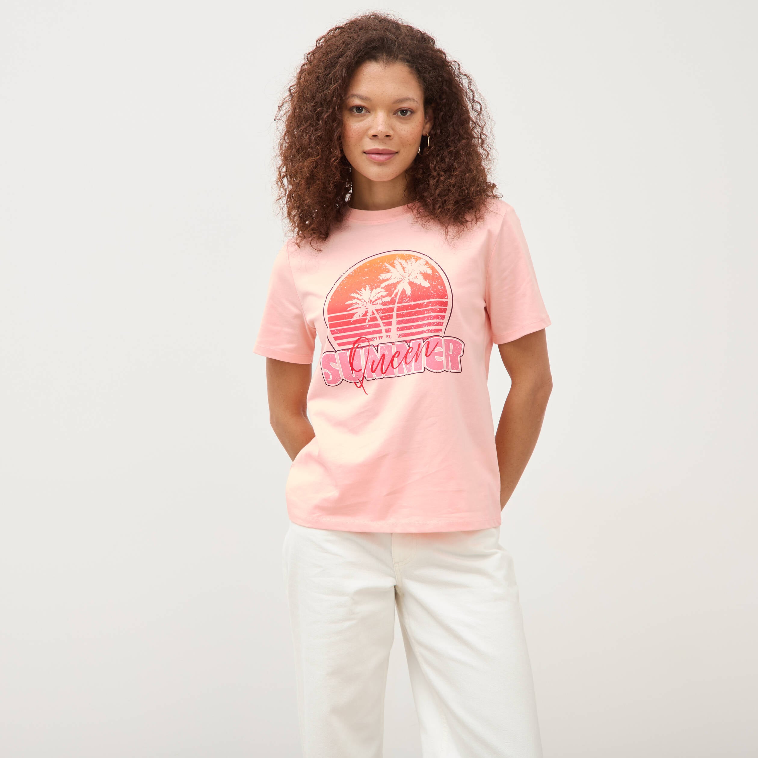 T-shirt droit col rond manches courtes rose saumon femme