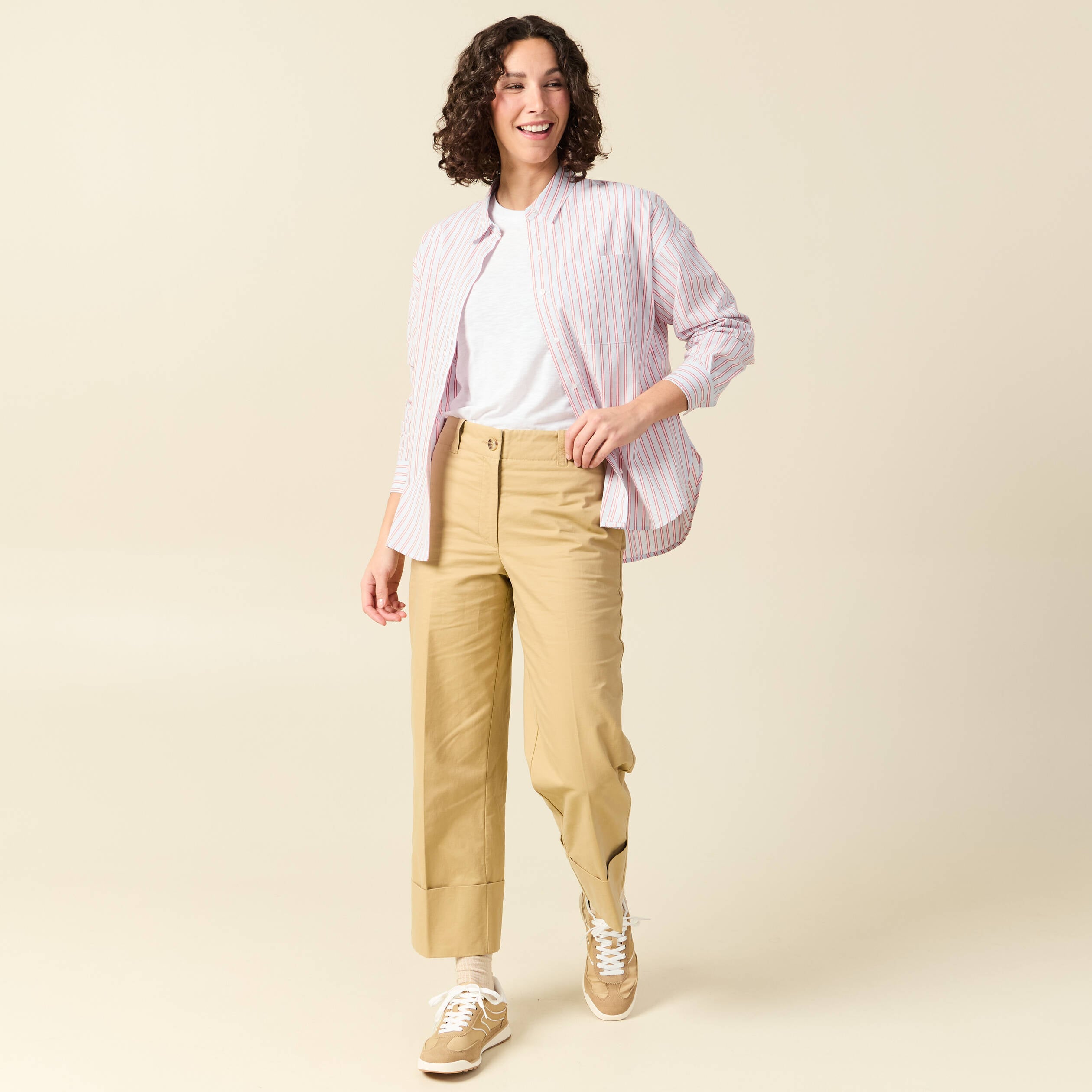 Pantalon large cropped taille haute beige femme