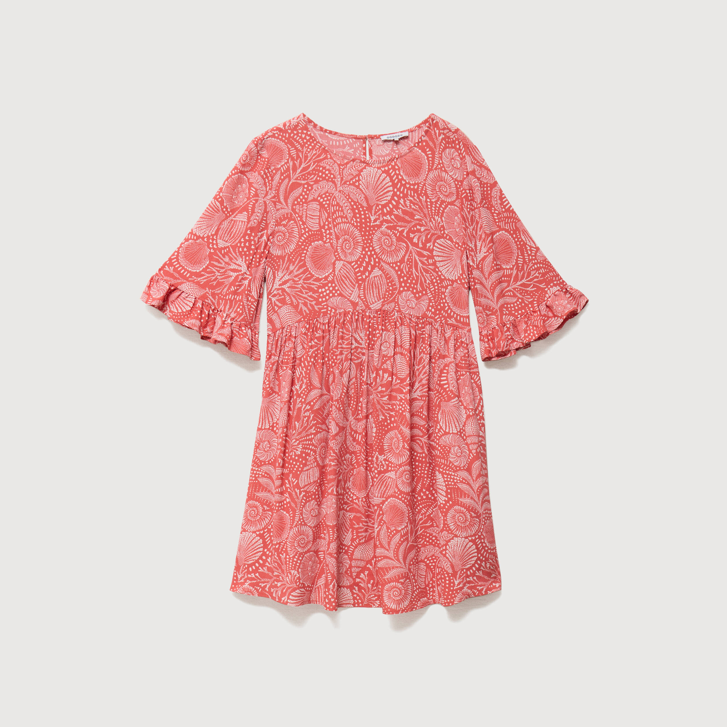 Robe fluide col rond manches coude orange corail femme